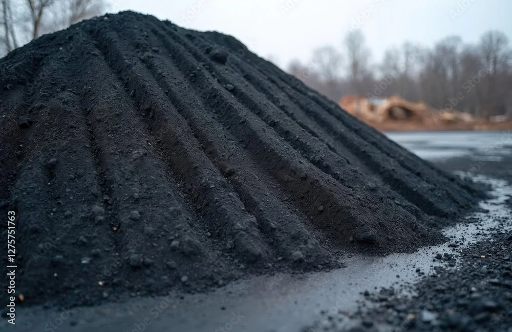 Close-up of a pile of black charcoal or ash on the ground outdoors with trees in the background.