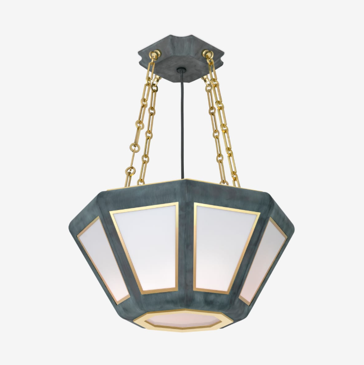 A modern hanging chandelier with a hexagonal shape, white panels, gold trim, suspended by three gold chains from a gray ceiling mount.