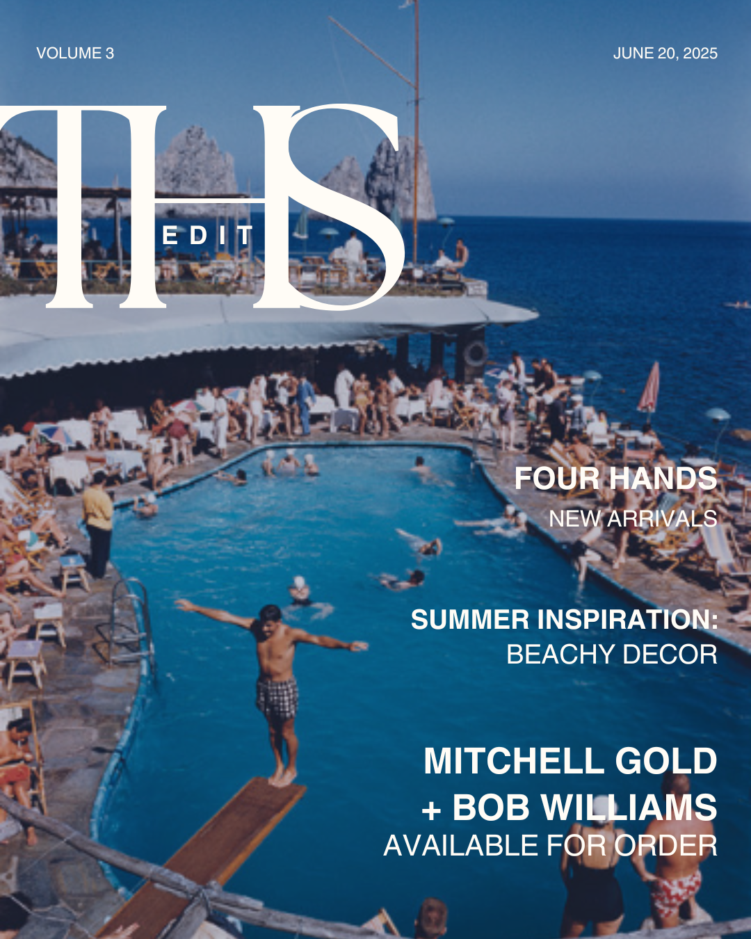 A magazine cover featuring a poolside scene at a coastal resort with people swimming and lounging, overlooking the ocean with rocky cliffs and sailboats in the background.