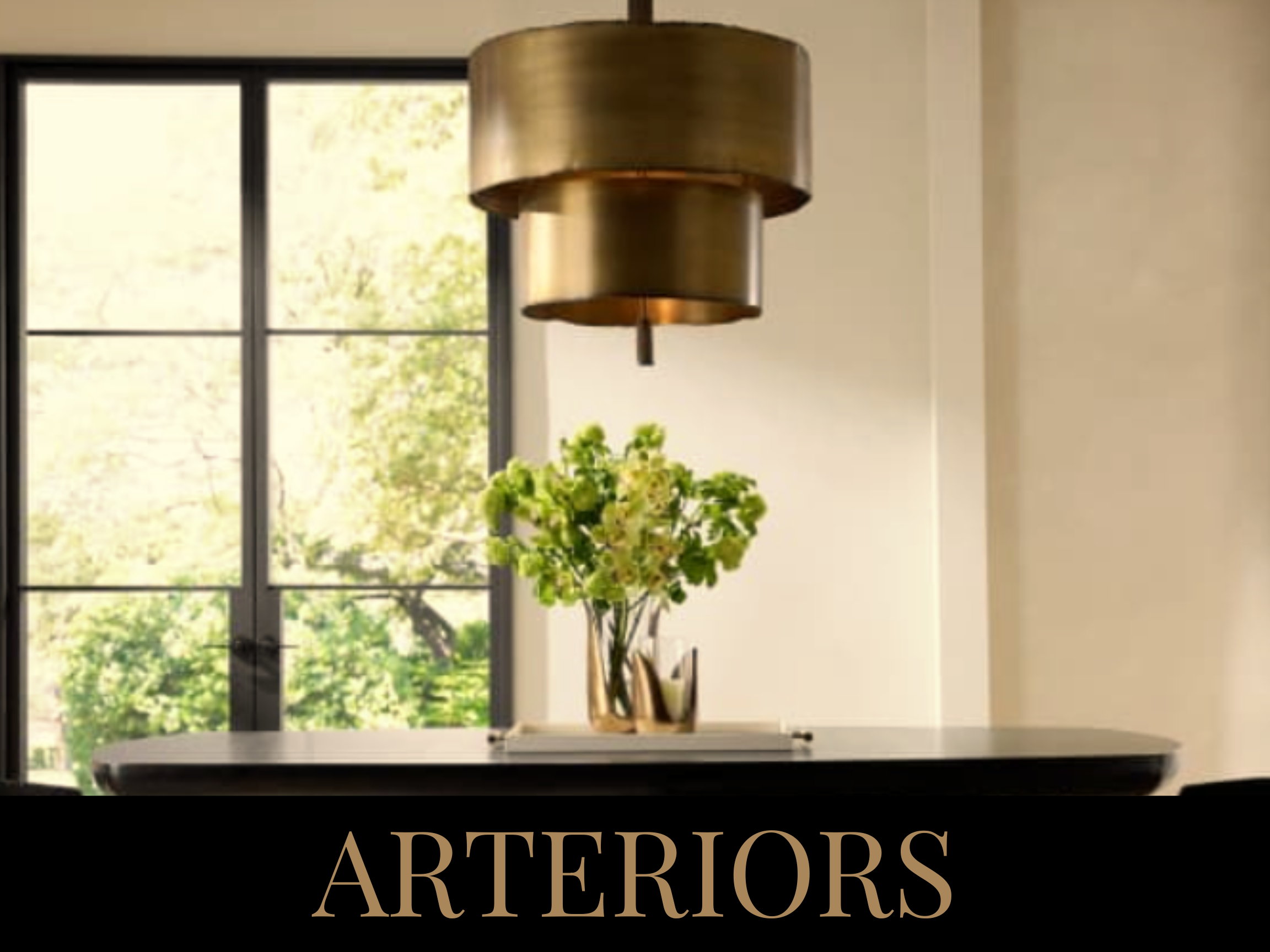 Modern interior with a window overlooking green trees, a metallic ceiling fixture, and a black countertop with a vase of flowers. The word 'ARTERIORS' is written at the bottom.