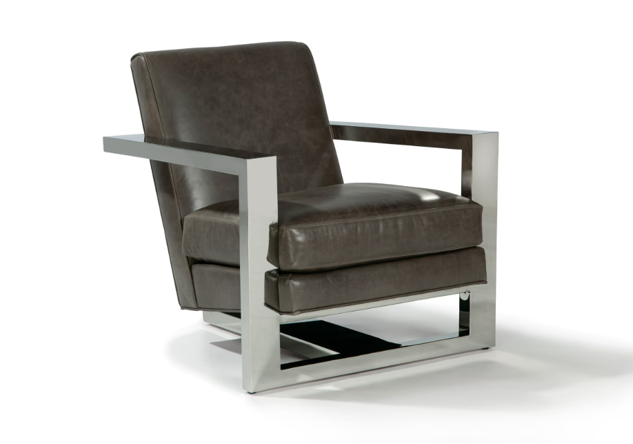 Modern armchair with brown leather upholstery and a metallic frame
