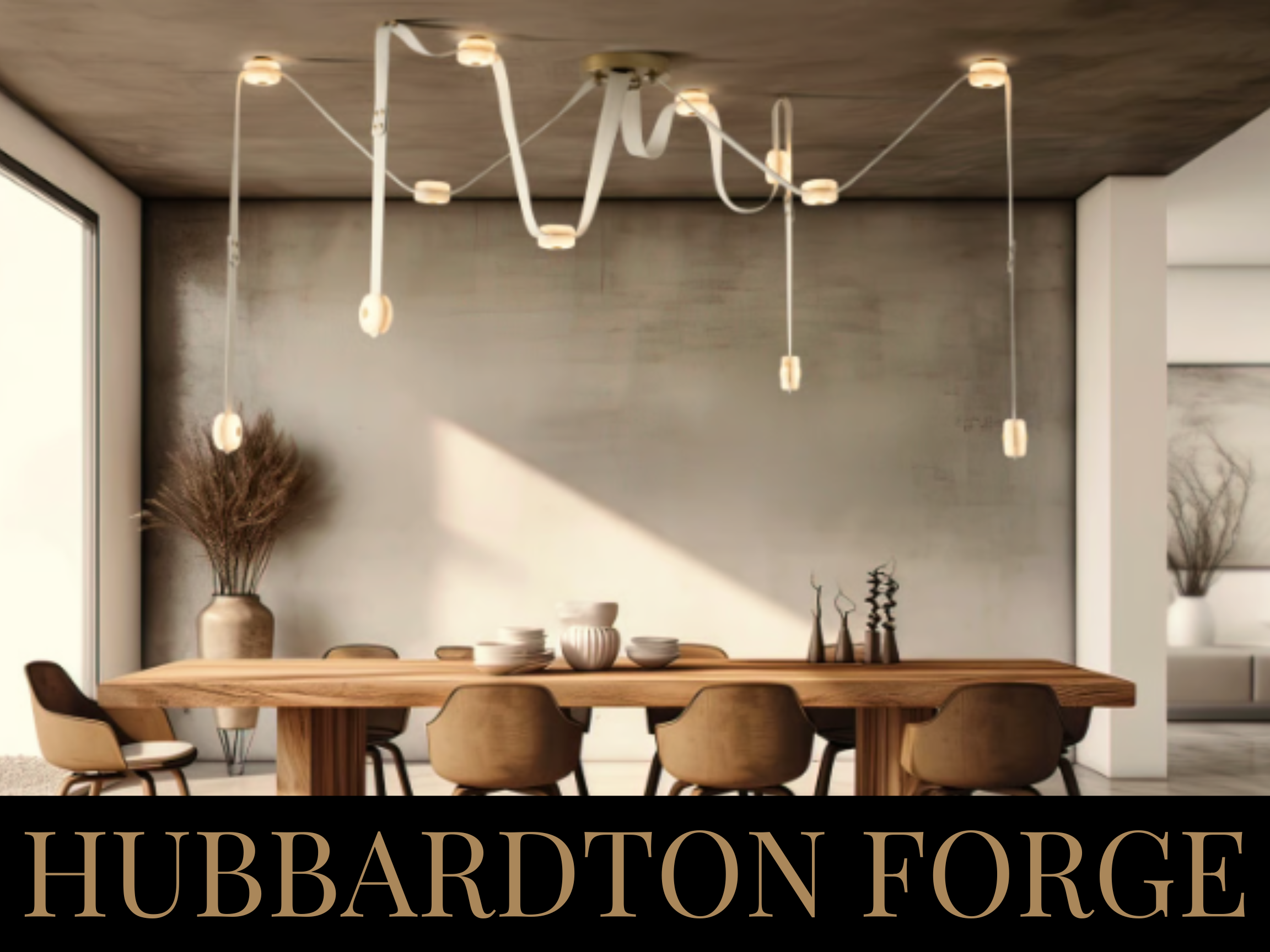 Modern dining room with wooden table and chairs, decorative vases, and a contemporary chandelier hanging from the ceiling, with natural light coming through large windows.