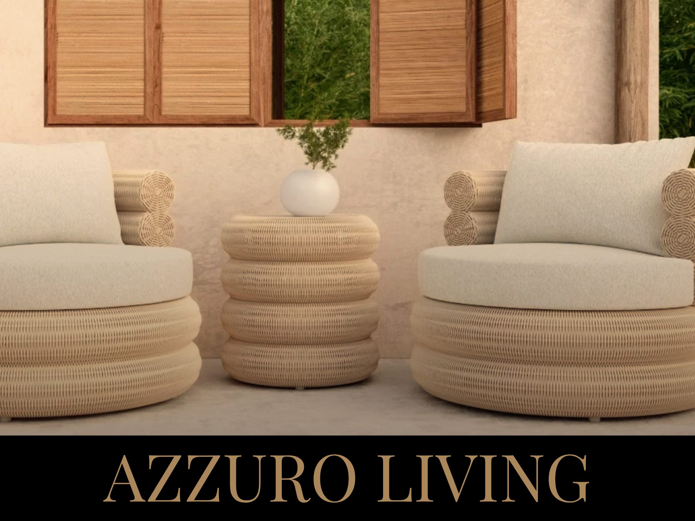 A living room with two white cushioned chairs with rounded woven armrests and a matching round woven side table with a white vase holding green foliage, behind which is a wall with wooden shutters and greenery visible outside.