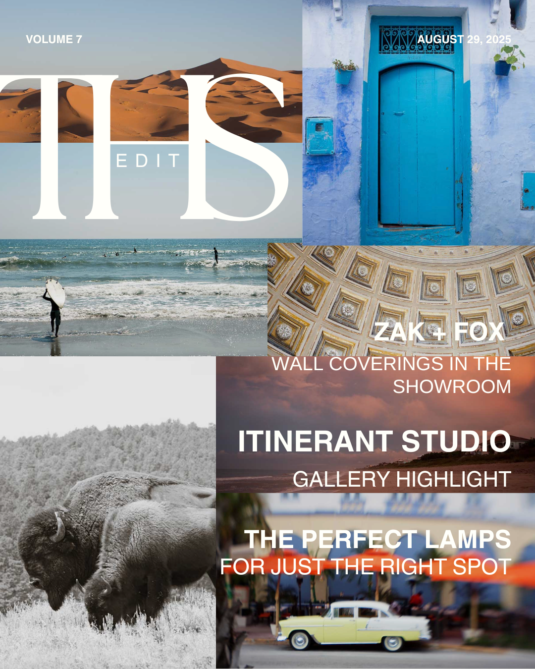 Magazine cover titled "IPS EDIT" with images of a desert, blue door, beach with surfer, ornate ceiling, bison in a field, vintage car at sunset, and art gallery interior, featuring headlines about wall coverings, gallery highlight, and perfect lamps.