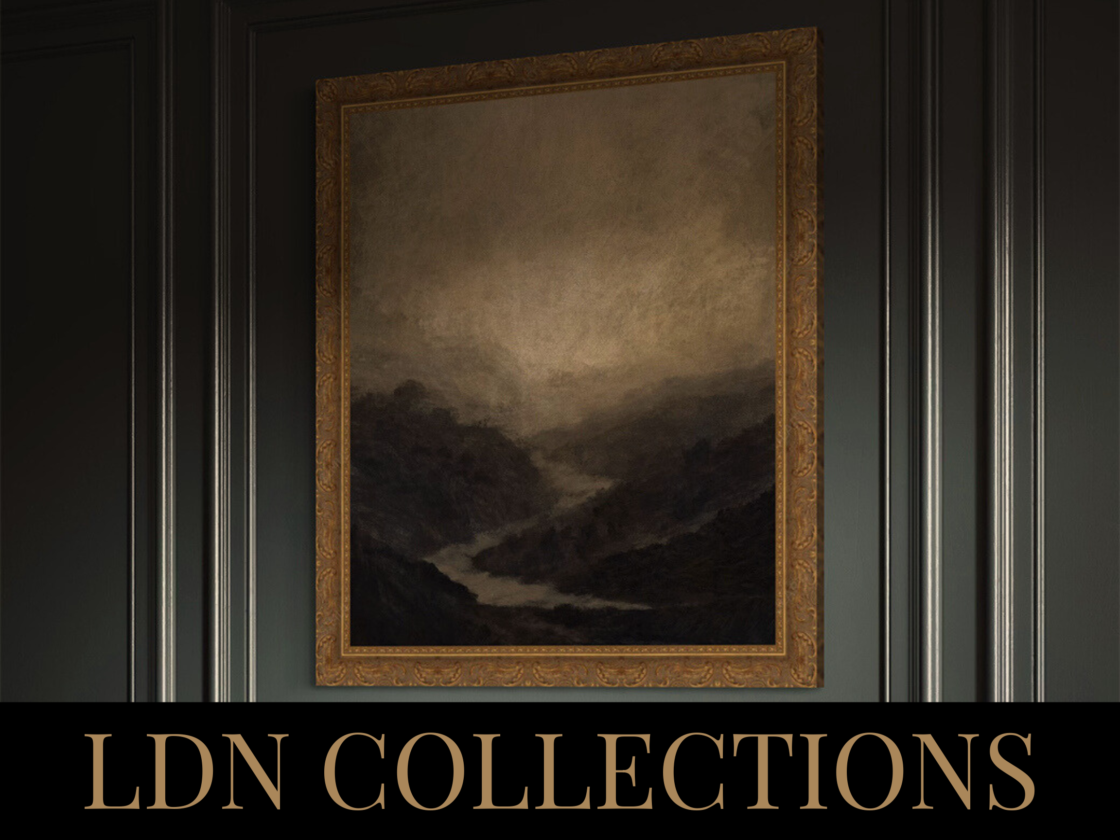 A framed landscape painting of rolling hills and a river, hanging on a dark wall with ornate molding, with the text "LDN Collections" at the bottom.