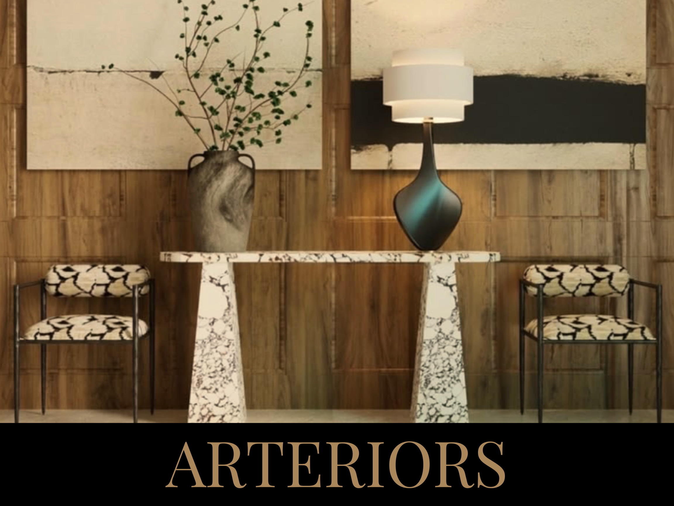 A minimalist interior with two black and white patterned chairs, a white marble table, a tall vase with branches, a modern table lamp with a black base and white shade, and wooden wall paneling with artwork.