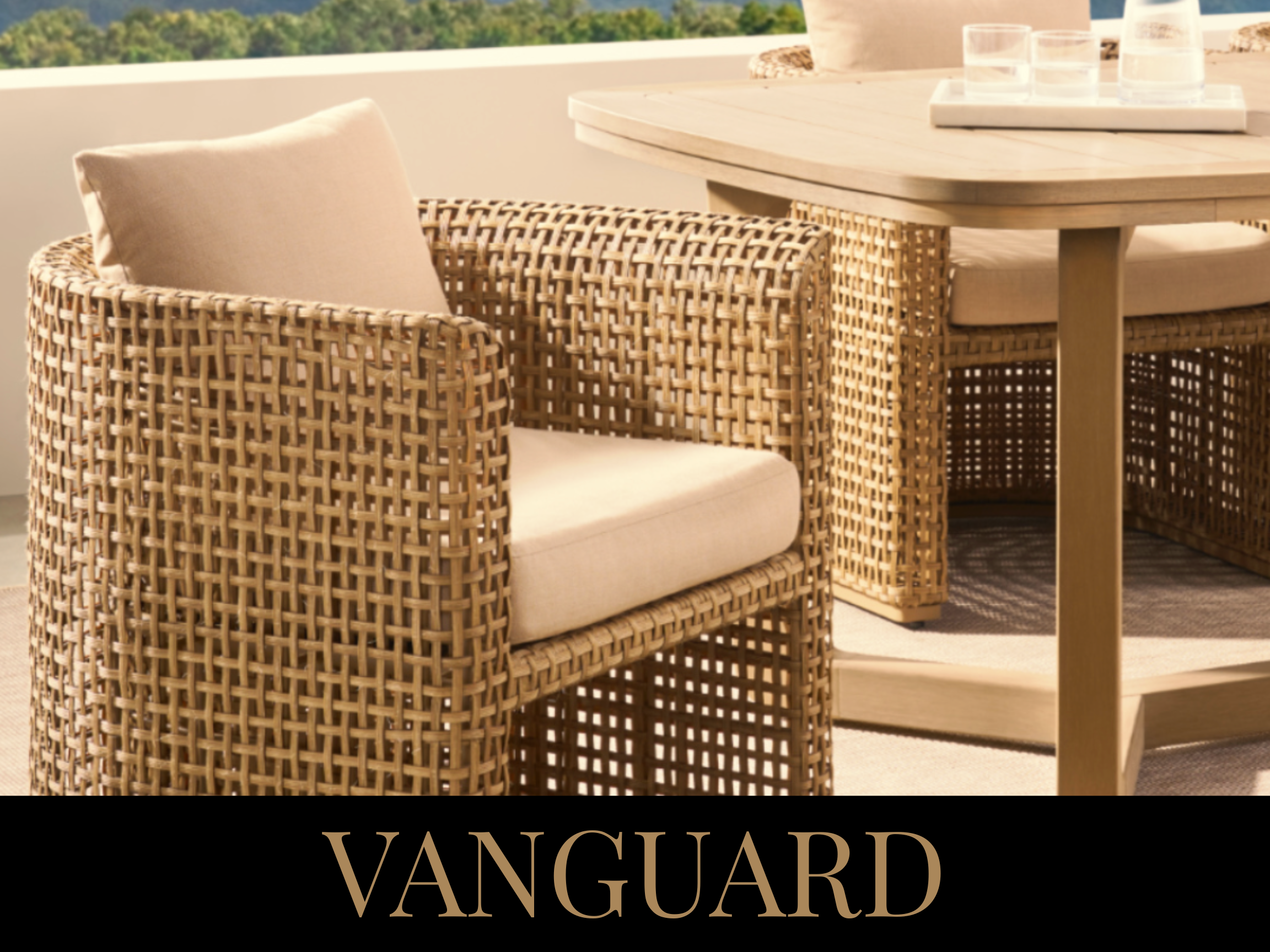 Outdoor dining area with rattan armchair and wooden table, set against a background of greenery, with glassware on the table.