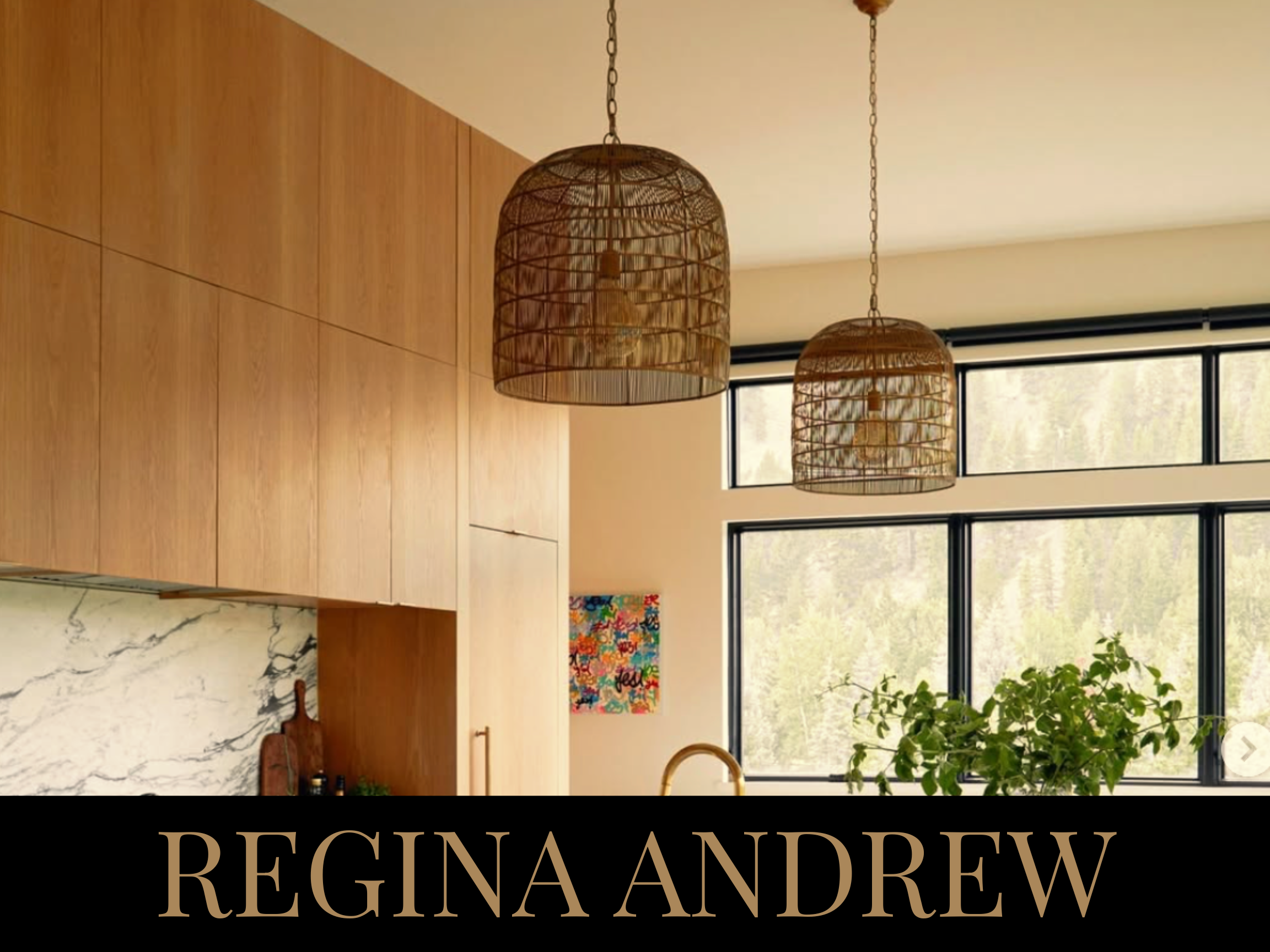 Kitchen with wooden cabinets, marble backsplash, hanging wicker pendant lights, large windows, and green plants.