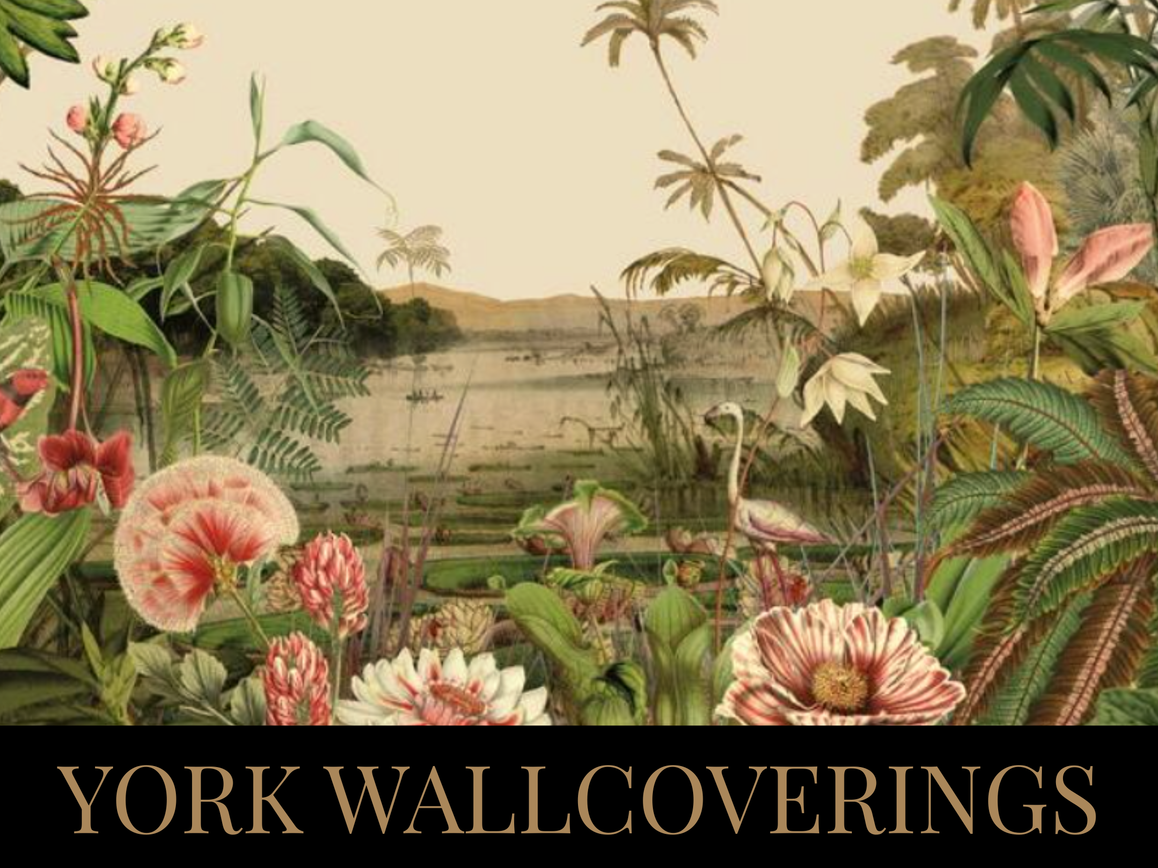 A decorative wall covering featuring a painted landscape with water, hills, and trees, overlaid with an arrangement of colorful, tropical-style flowers and green foliage. At the bottom, the text reads 'YORK WALLCOVERINGS' in large, brown font.