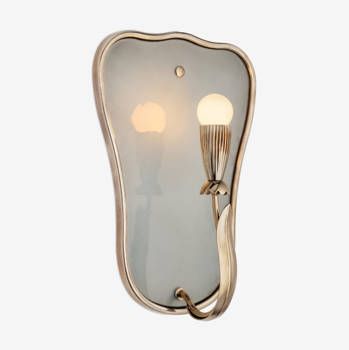 Decorative wall mirror with an integrated light fixture resembling a flower with a petal-shaped metal cover and a bulb that looks like a flower bud.