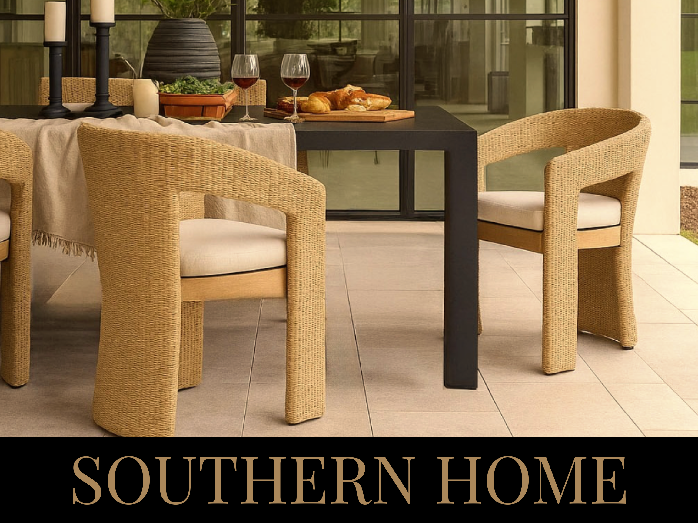 A dining table with two glasses of red wine, cheese, and bread, surrounded by rattan chairs, on a covered porch with a view of a backyard.