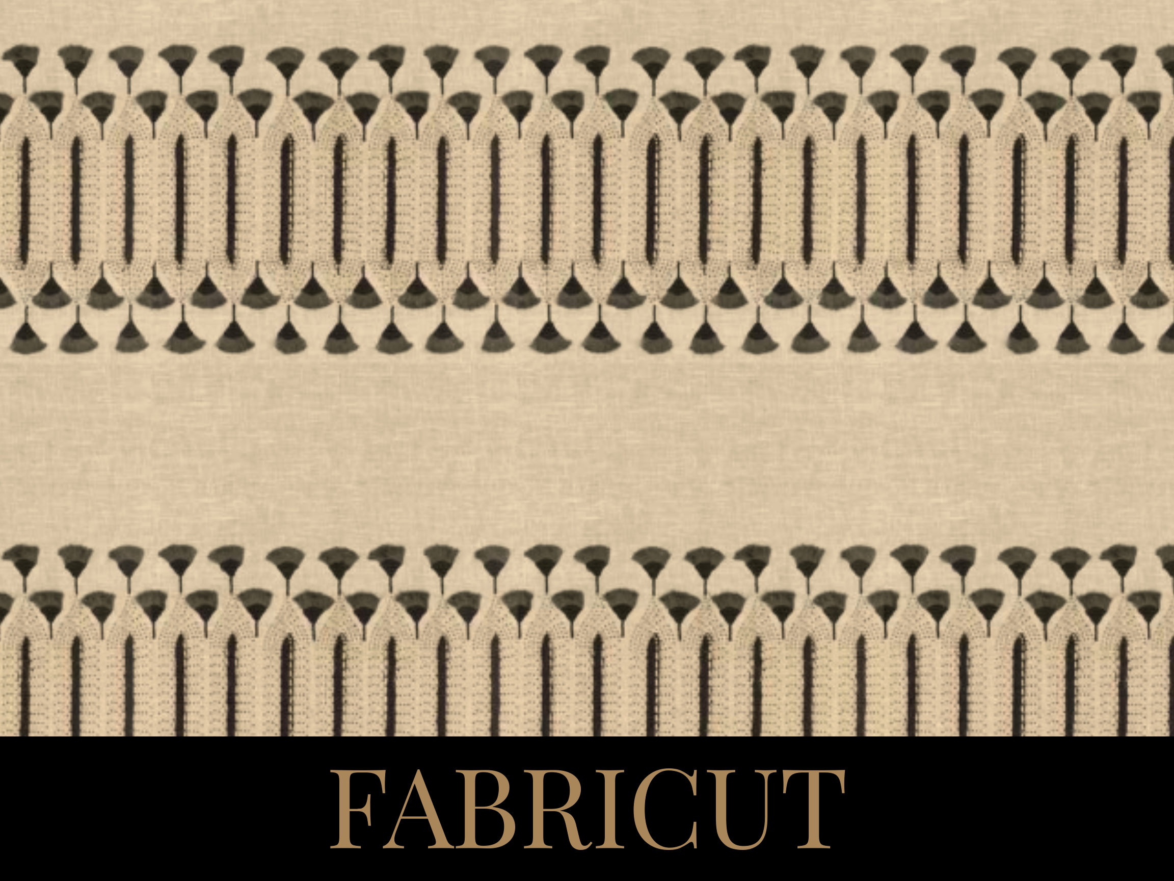 Close-up of a woven fabric pattern featuring black and beige geometric designs with the word 'FABRICUT' printed at the bottom.