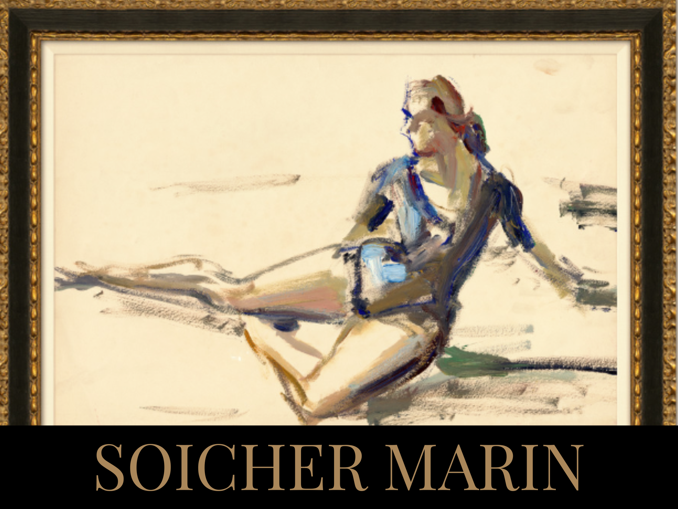 A framed abstract painting of a reclining woman with short hair, wearing sunglasses, with soft color brushstrokes, and the words "SOICHER MARIN" at the bottom.