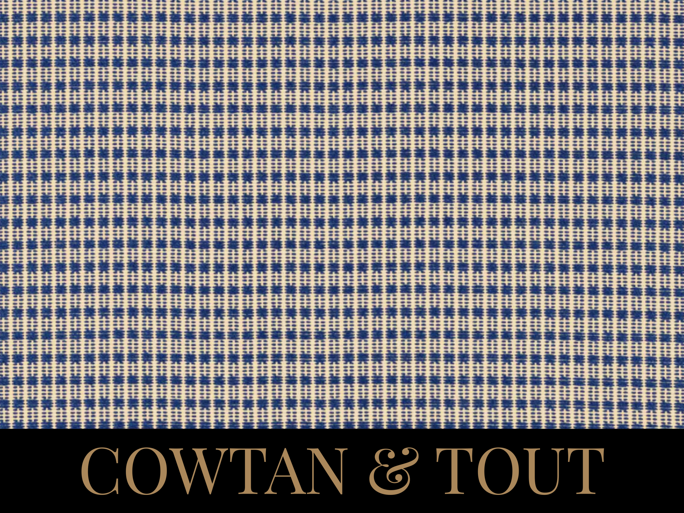 Close-up of a fabric pattern with small blue and beige squares, with a black band at the bottom displaying the text 'COWTAN & TOUT' in beige capital letters.