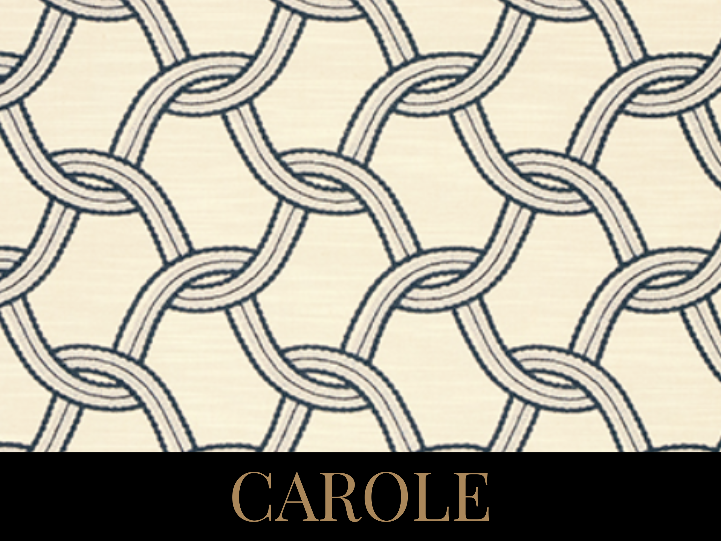 An intricate geometric pattern of interconnected loops in black on a cream background, with the name 'Carole' written in gold on a black band at the bottom.