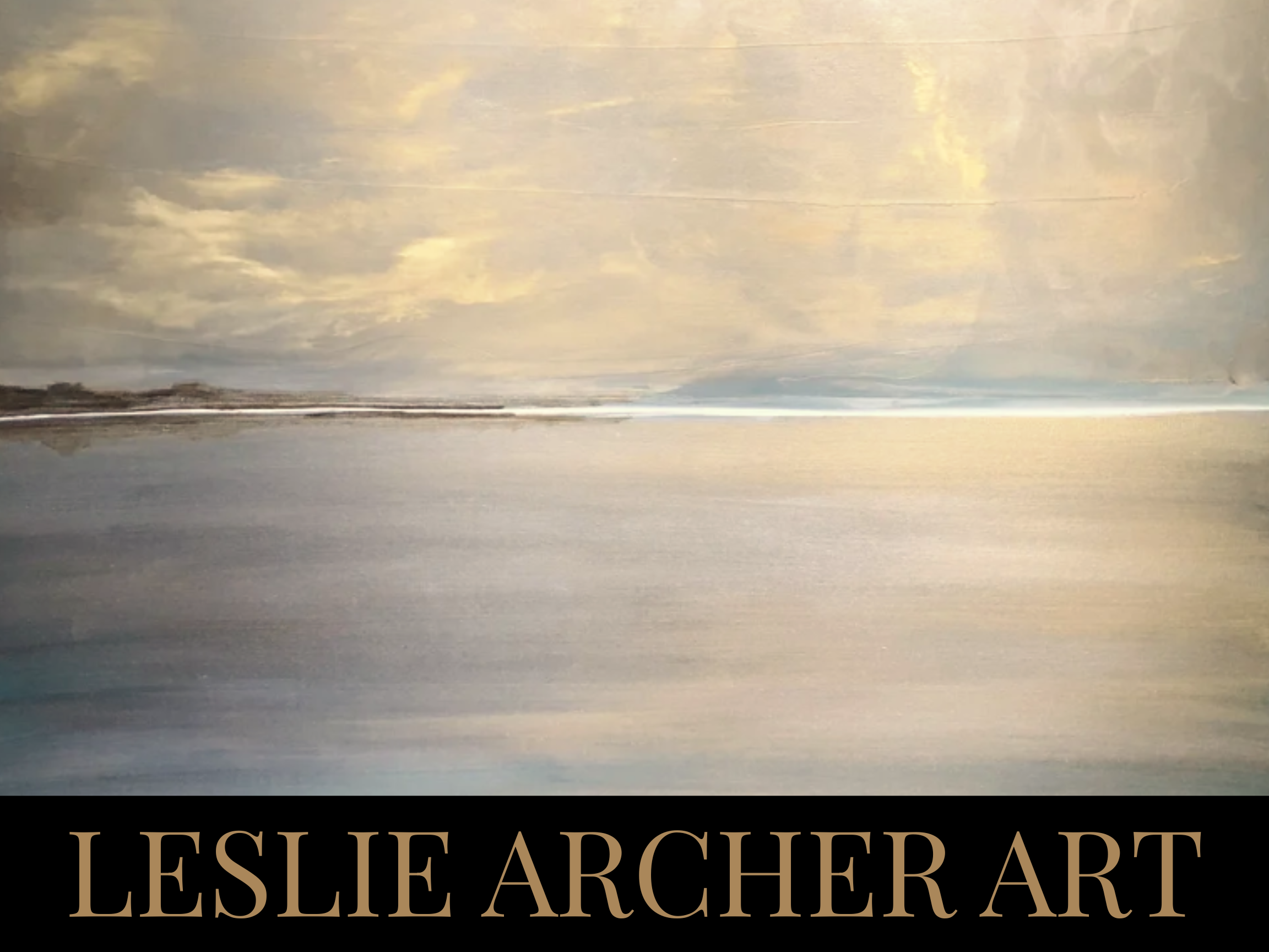 A landscape painting of a calm body of water under a cloudy sky, with soft pastel colors and distant landlines. The bottom of the image has a black border with the text 'LESLIE ARCHER ART' in large beige letters.