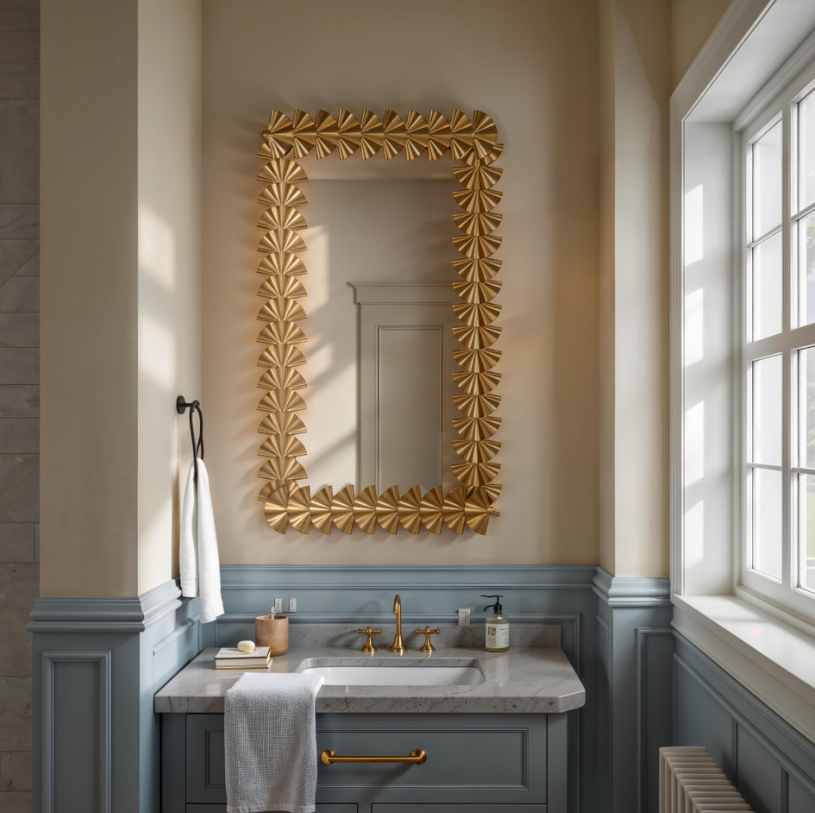 Bathroom with beige walls, a framed mirror with a gold sunburst design, a marble sink countertop, gold fixtures, a soap dispenser, a toothbrush holder, a towel hanging on a hook, and natural light from large windows.