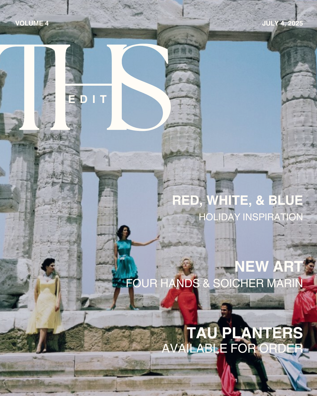 A magazine cover featuring ancient Greek ruins with colorful dressed women standing among the columns, under a clear blue sky.