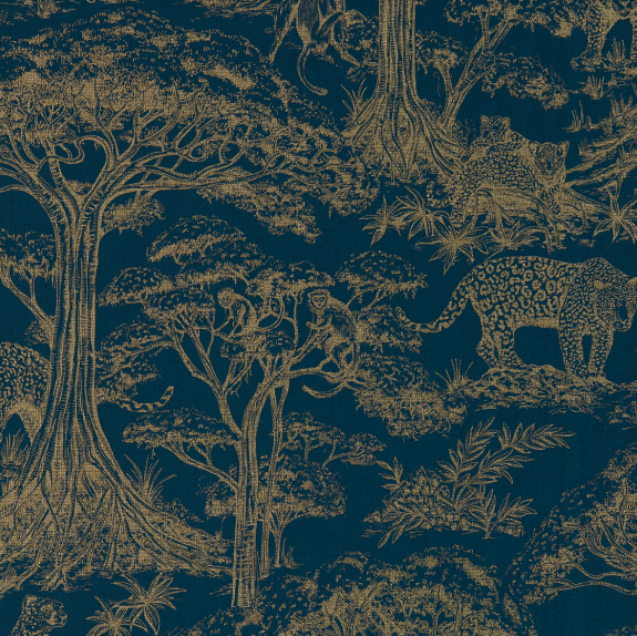 Tapestry with a jungle scene featuring trees, two monkeys, and a leopard in gold on dark blue background.
