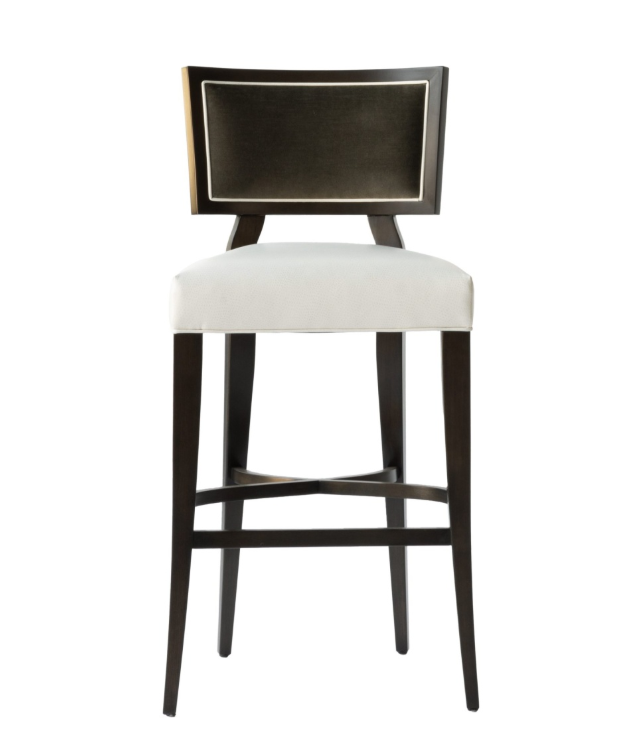 Barstool with a black backrest, white cushioned seat, and black wooden legs.
