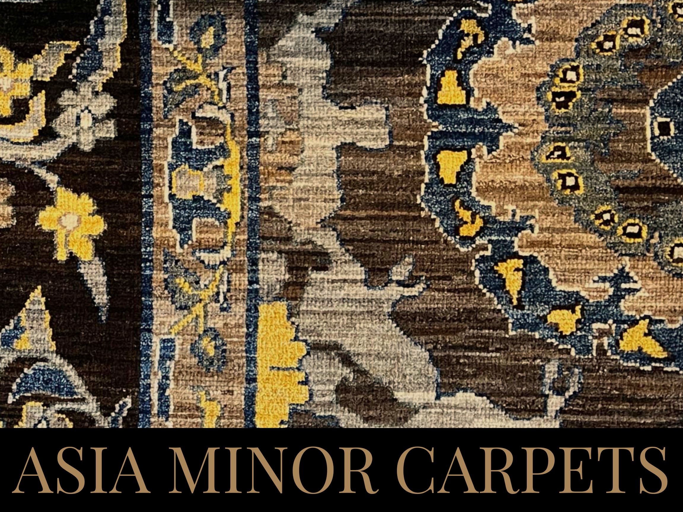 Close-up of an Asian minor carpet with floral patterns in beige, navy blue, and yellow colors.