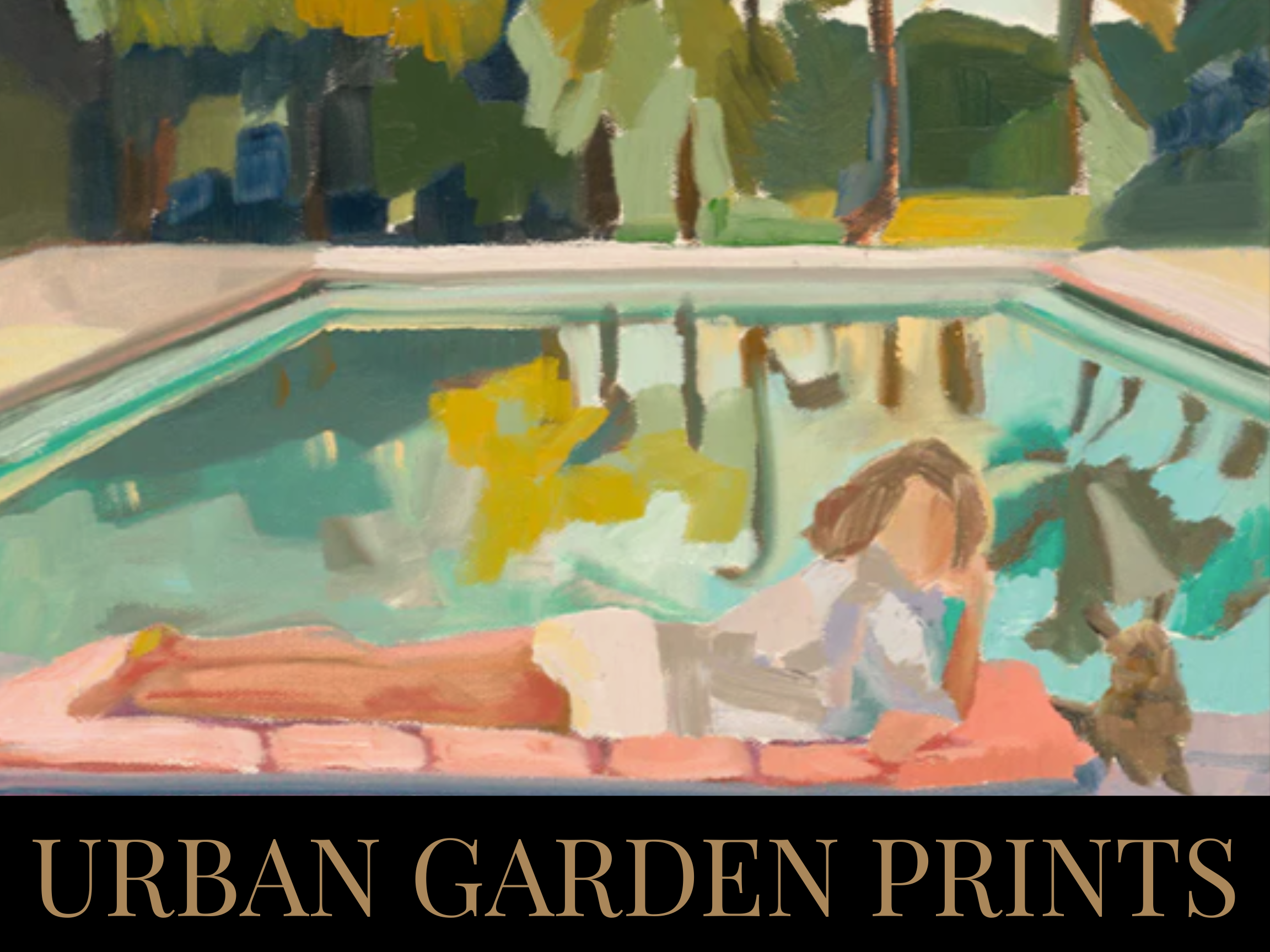 Painting of a girl lying by a swimming pool, with trees and greenery in the background, under the label 'Urban Garden Prints'.