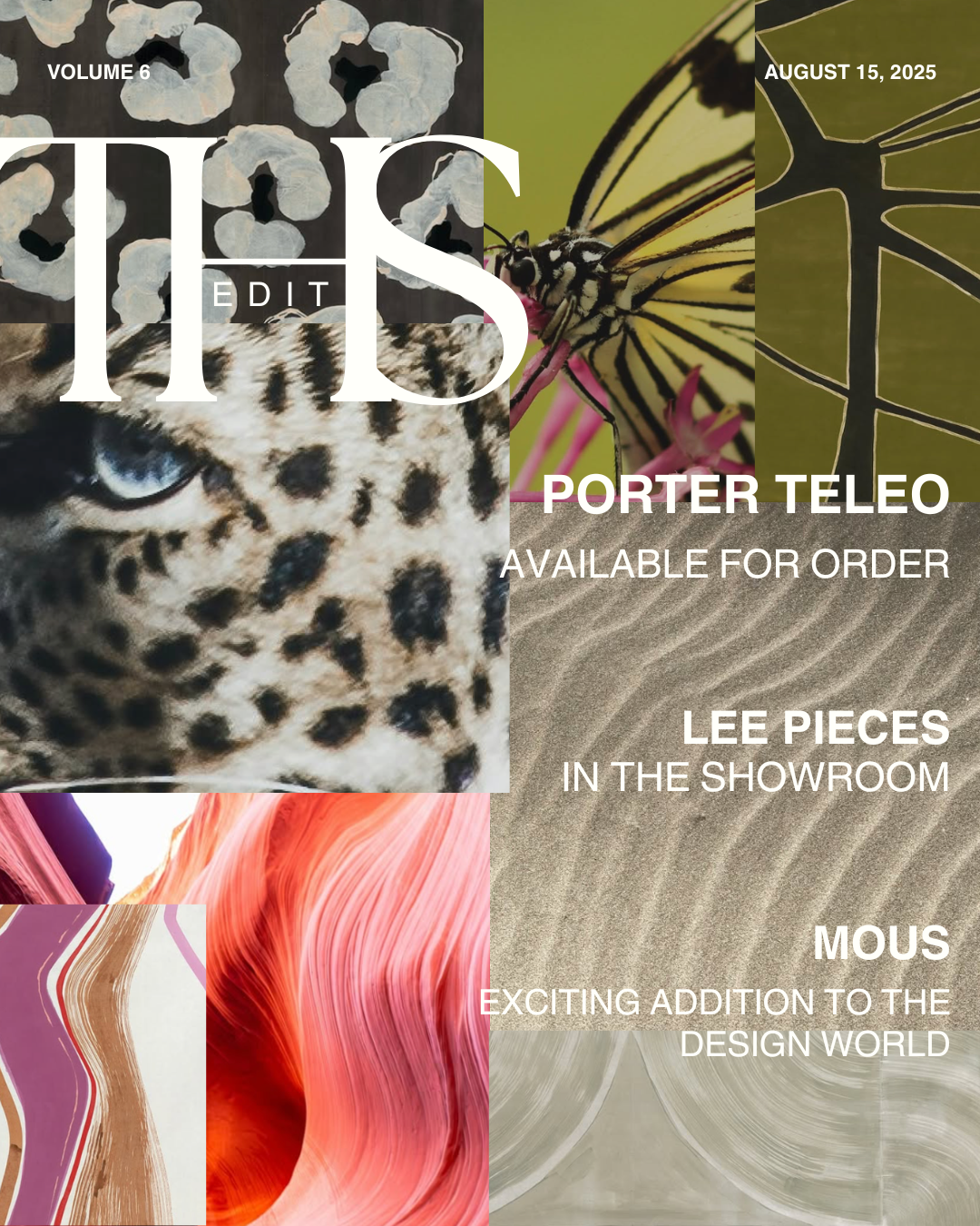 Gallery cover collage with images of leaves, a leopard, a butterfly, and abstract art, featuring text about the magazine issue titled "IT'S EDIT" Volume 6, dated August 15, 2025.