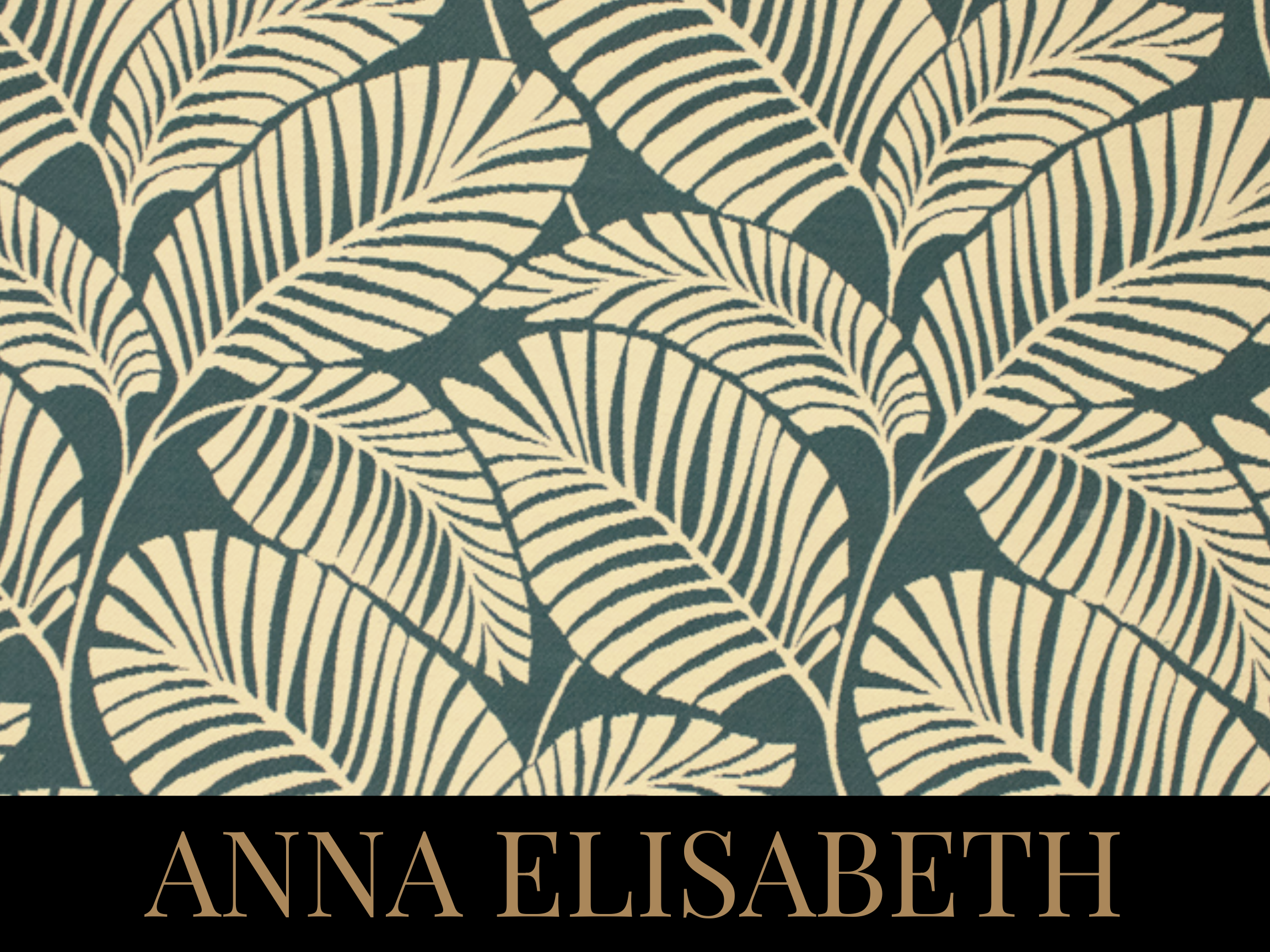 A pattern of cream-colored leaves on a dark background with the name "Anna Elisabeth" written in large serif font at the bottom.