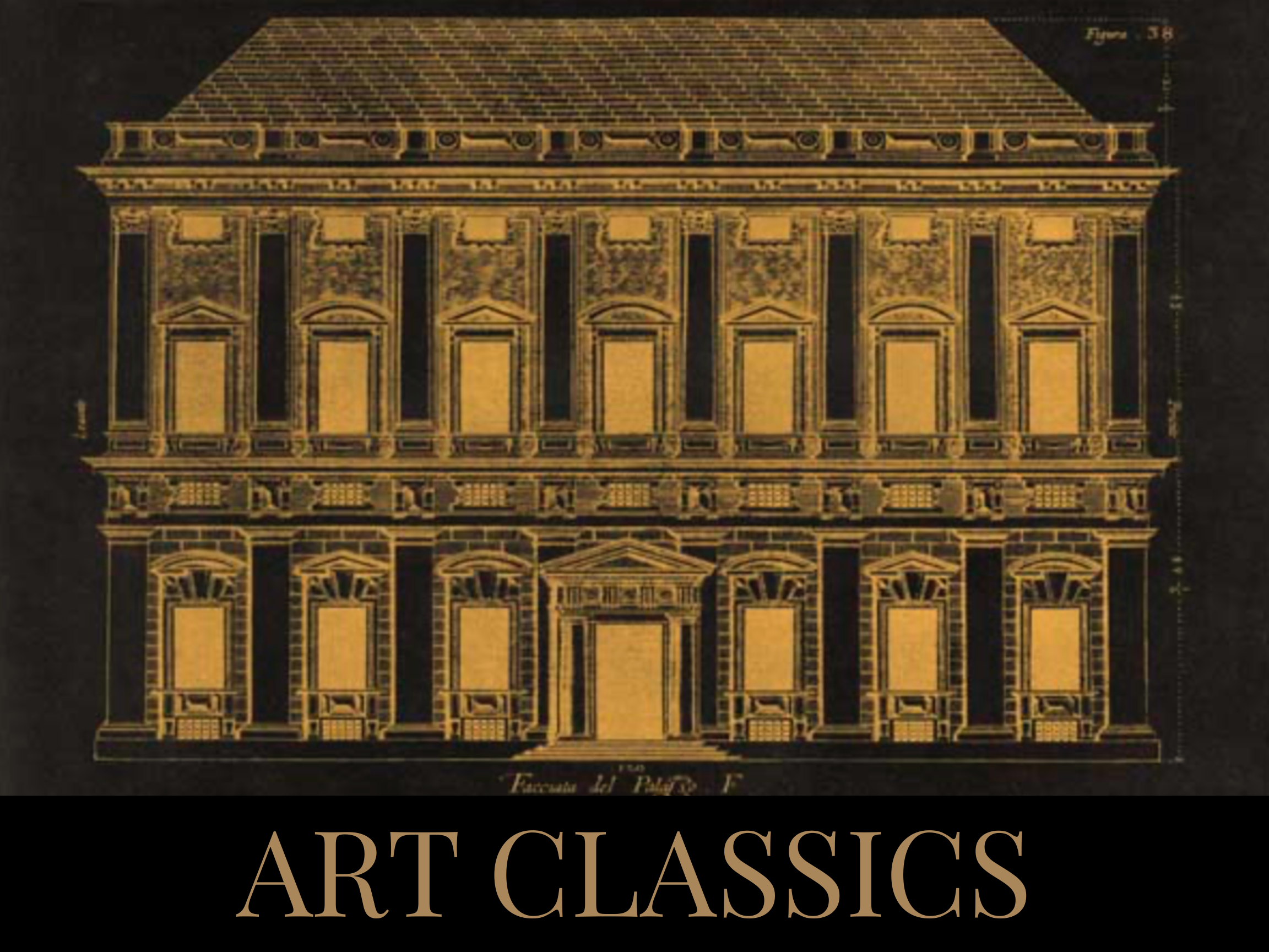 Architectural drawing of a historic building with multiple windows and decorative elements, labeled 'Figura 58' and 'Escuela de Palacio,' with the words 'ART CLASSICS' at the bottom.