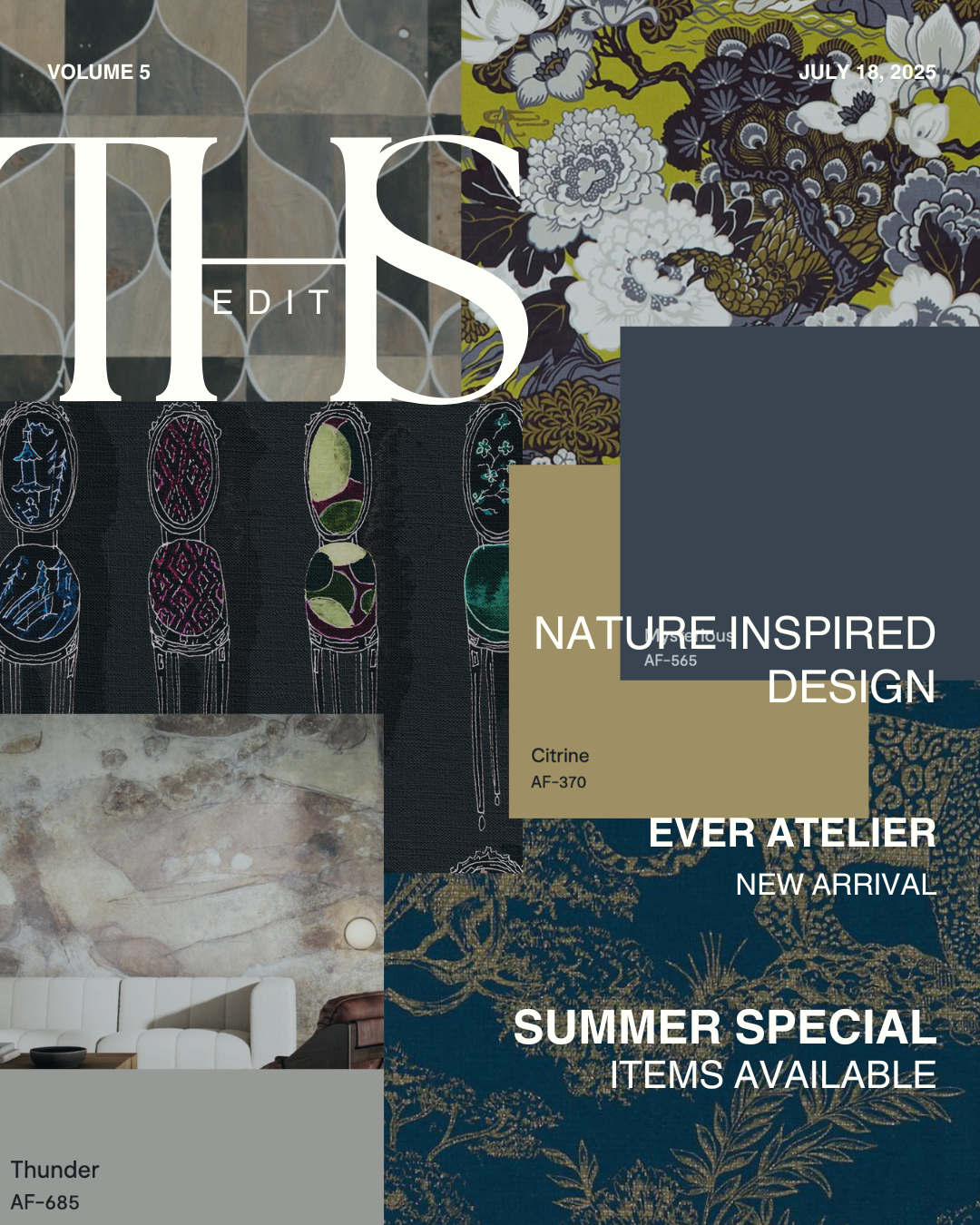 Magazine cover with various interior decor images, text overlay about new design collections inspired by nature, including fabric patterns and furniture, with headlines such as 'Volume 5', 'July 18, 2023', 'Ever Atelier New Arrival', and 'Summer Special Items Available'.