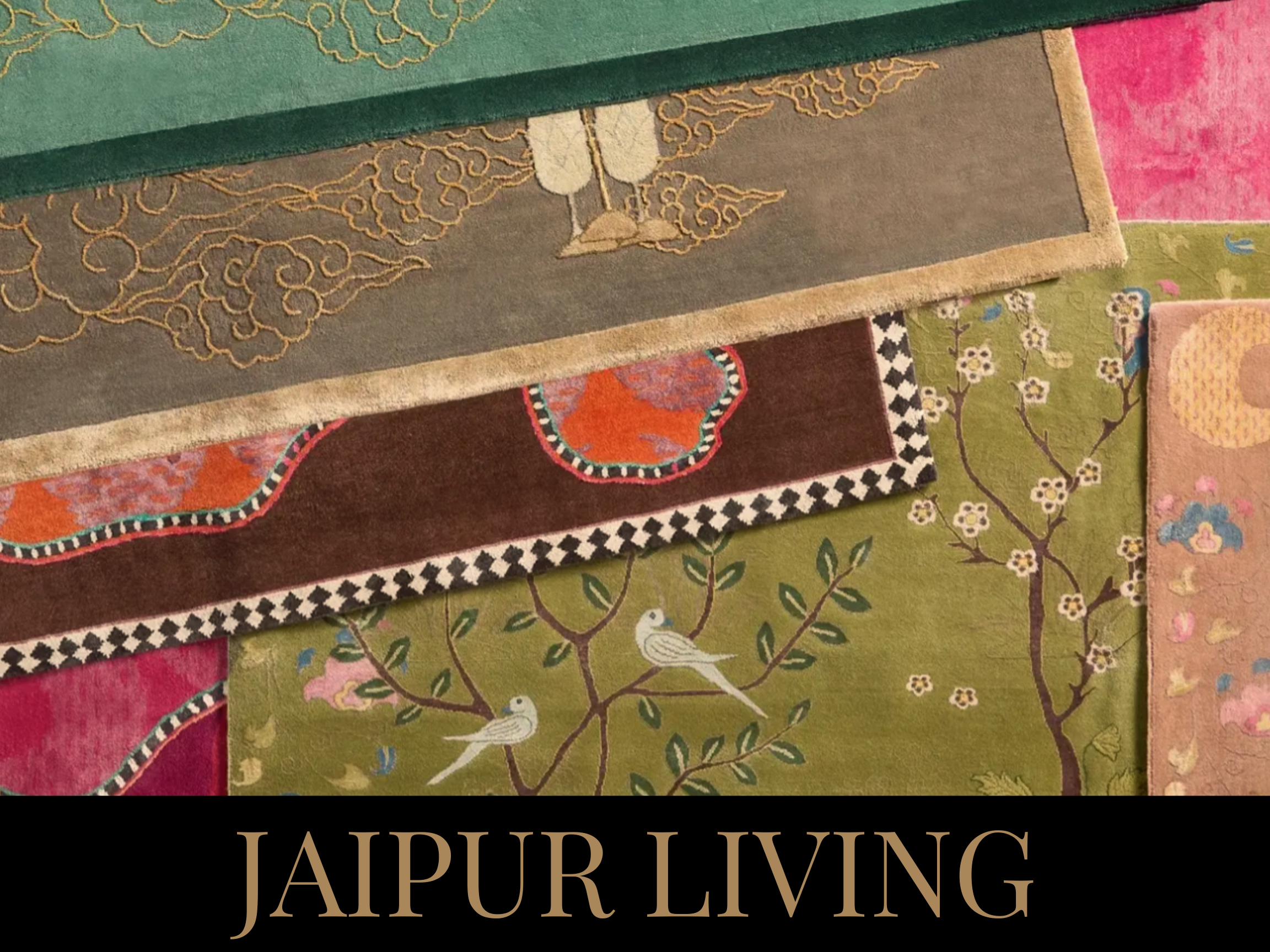 Close-up of colorful traditional Indian rugs with floral and bird patterns, labeled 'Jaipur Living'.