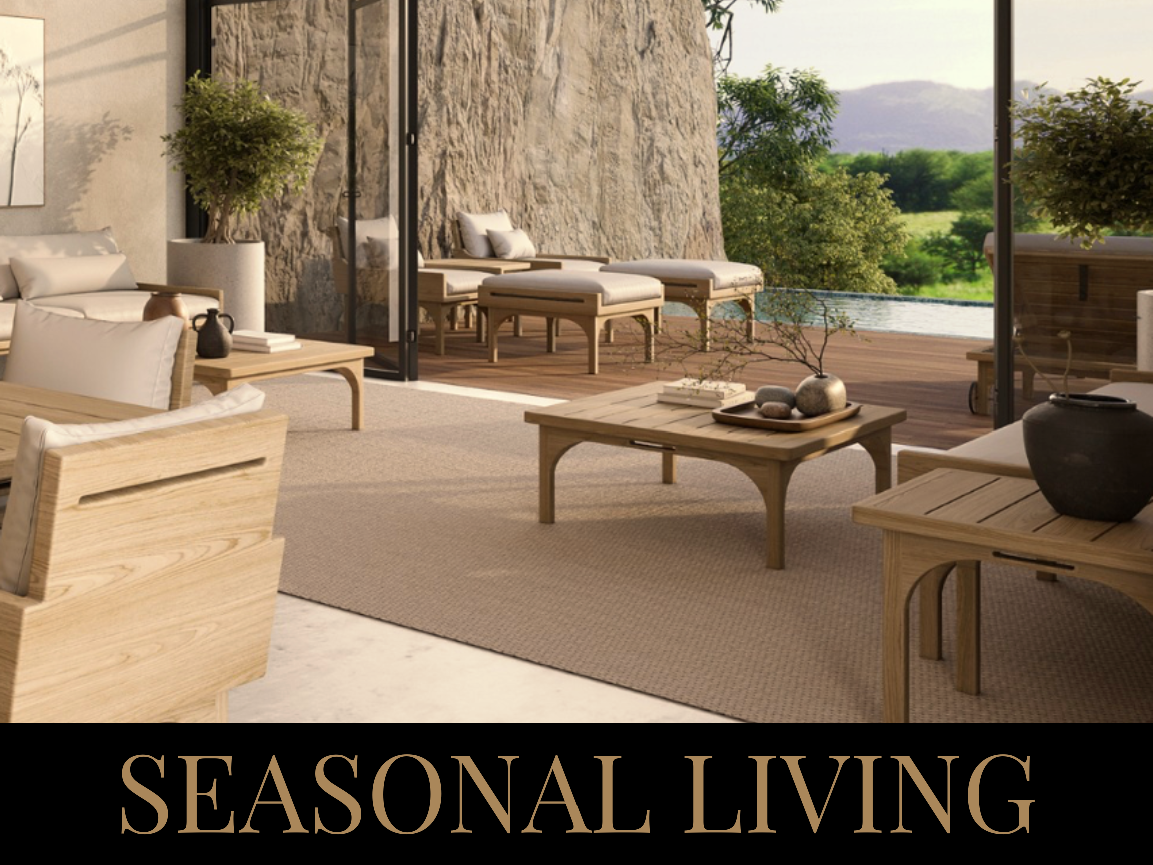 A cozy indoor living space with wooden furniture, pillows, and decorative vases, opening to an outdoor patio with seating overlooking a green landscape and mountains.