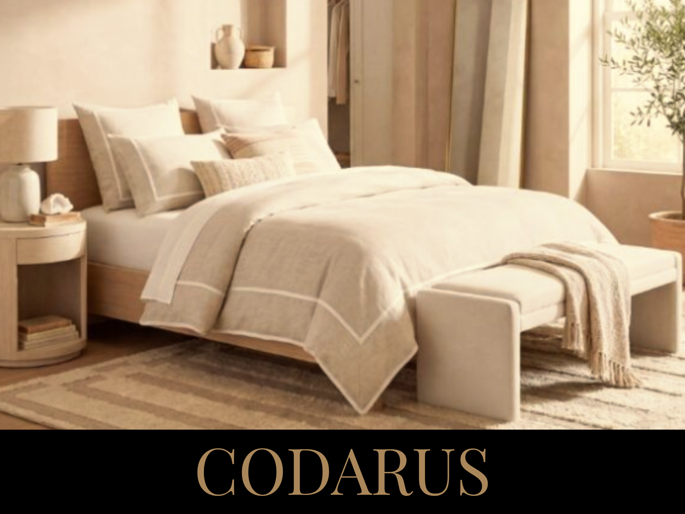 A cozy, well-lit bedroom with a neatly made bed, beige and cream linens, side tables with lamps, and a potted plant near a window, featuring a calming and minimalist decor style.