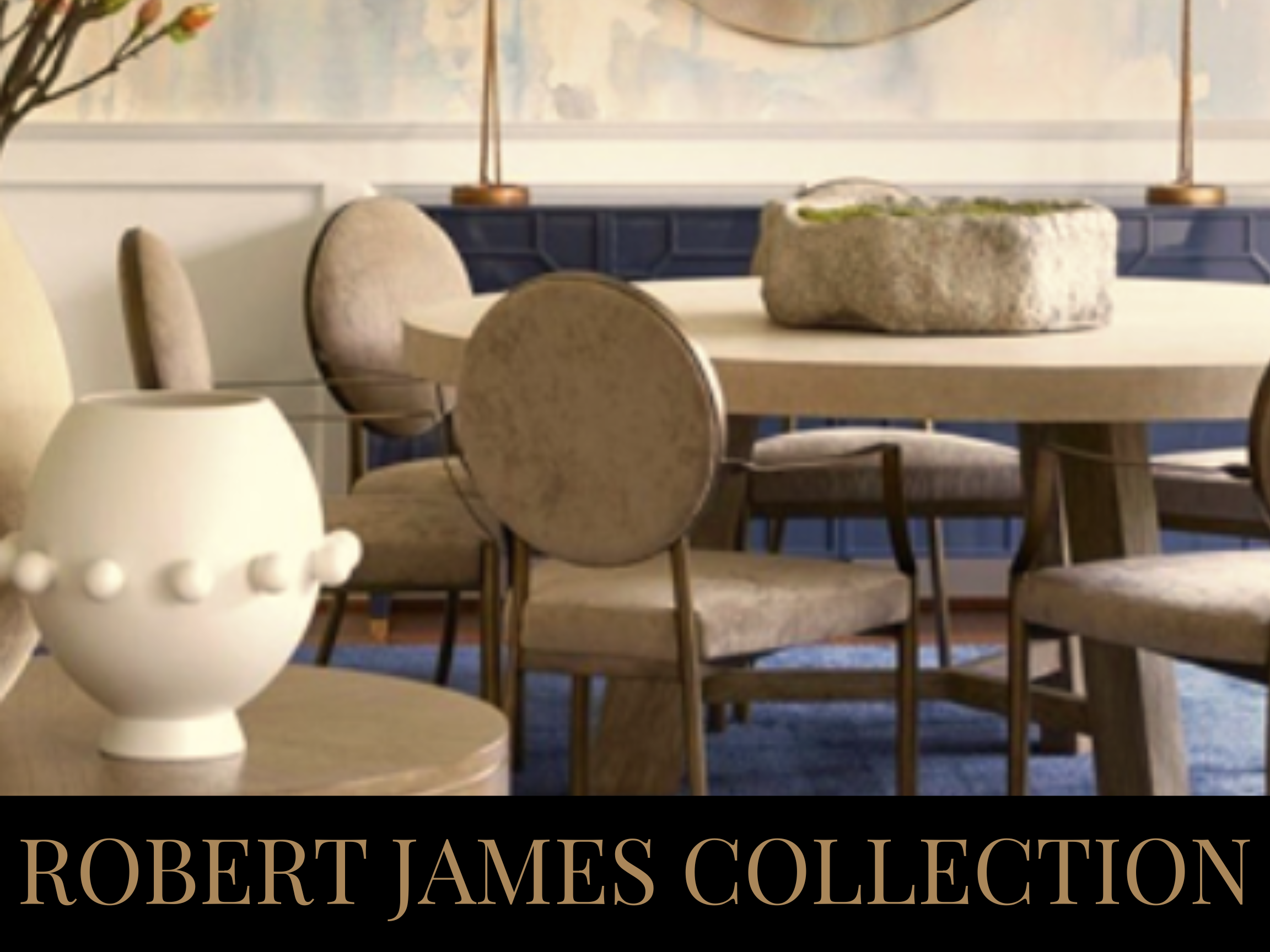 A dining room with a wooden table, upholstered chairs, a large stone centerpiece on the table, and a cream-colored decorative vase on a side table. There is a painted wall with a blue wainscot panel behind the dining table. The image is labeled "Robe