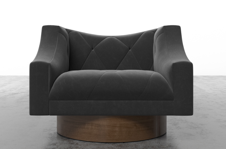 A modern black velvet sofa with a rounded wooden base, set against a plain white background.