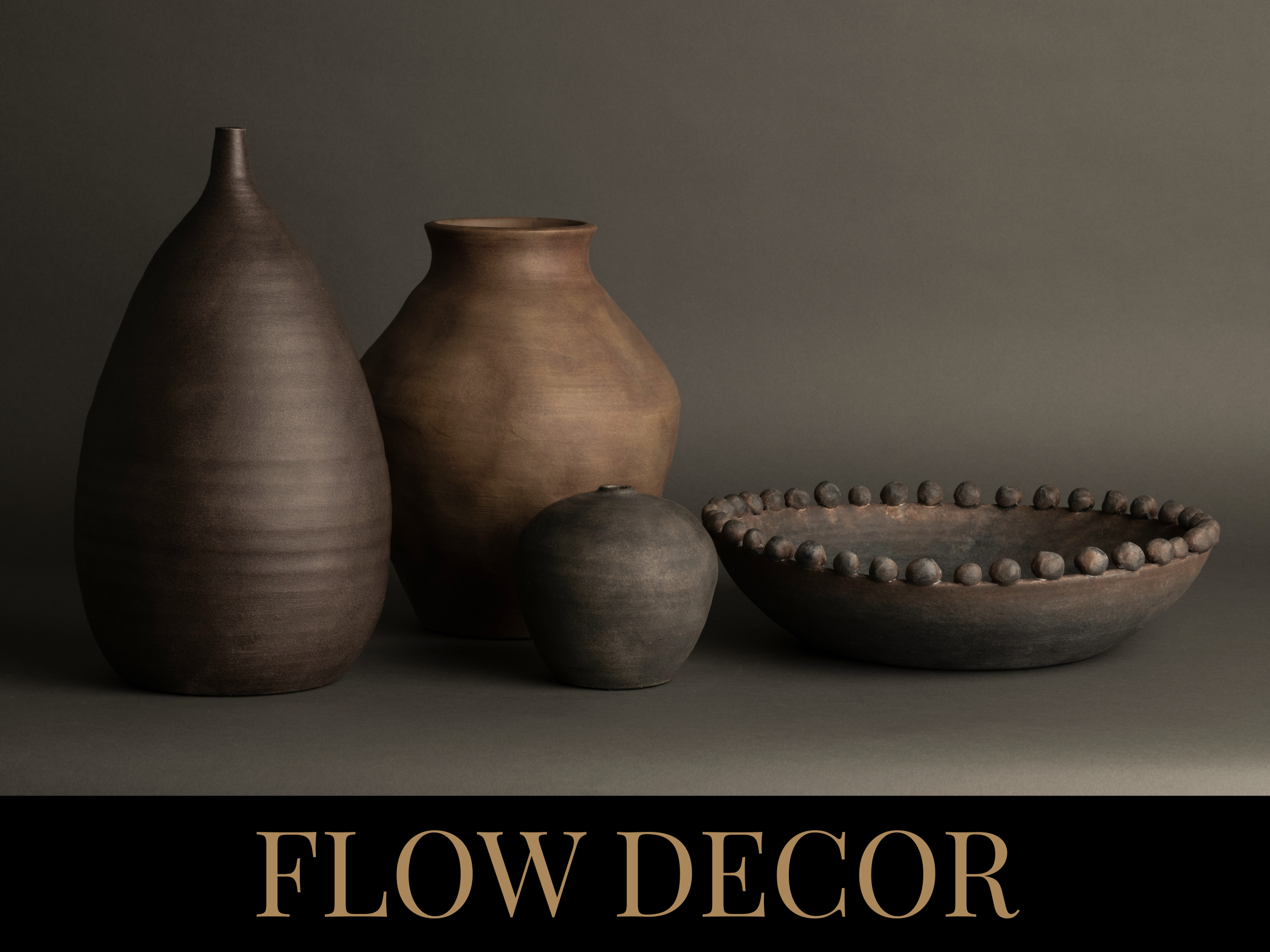 Decorative pottery vases and bowl in earthy tones on a gray background, with the words "FLOW DECOR" at the bottom.