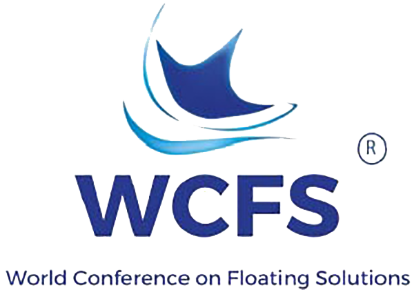 FLOATING HOMES TECHNOLOGY Logo for the World Conference on Floating Solutions featuring a stylized blue and white boat or wave symbol and the acronym WCFS with the full conference title below.