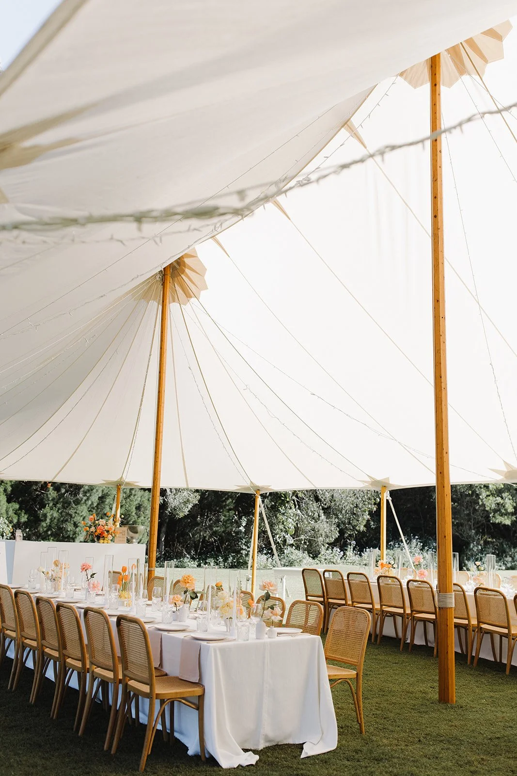 Outdoor event setup with a long dining table covered with a white tablecloth, decorated with flowers, under a large beige canopy supported by wooden poles, with chairs arranged around the table and trees in the background.