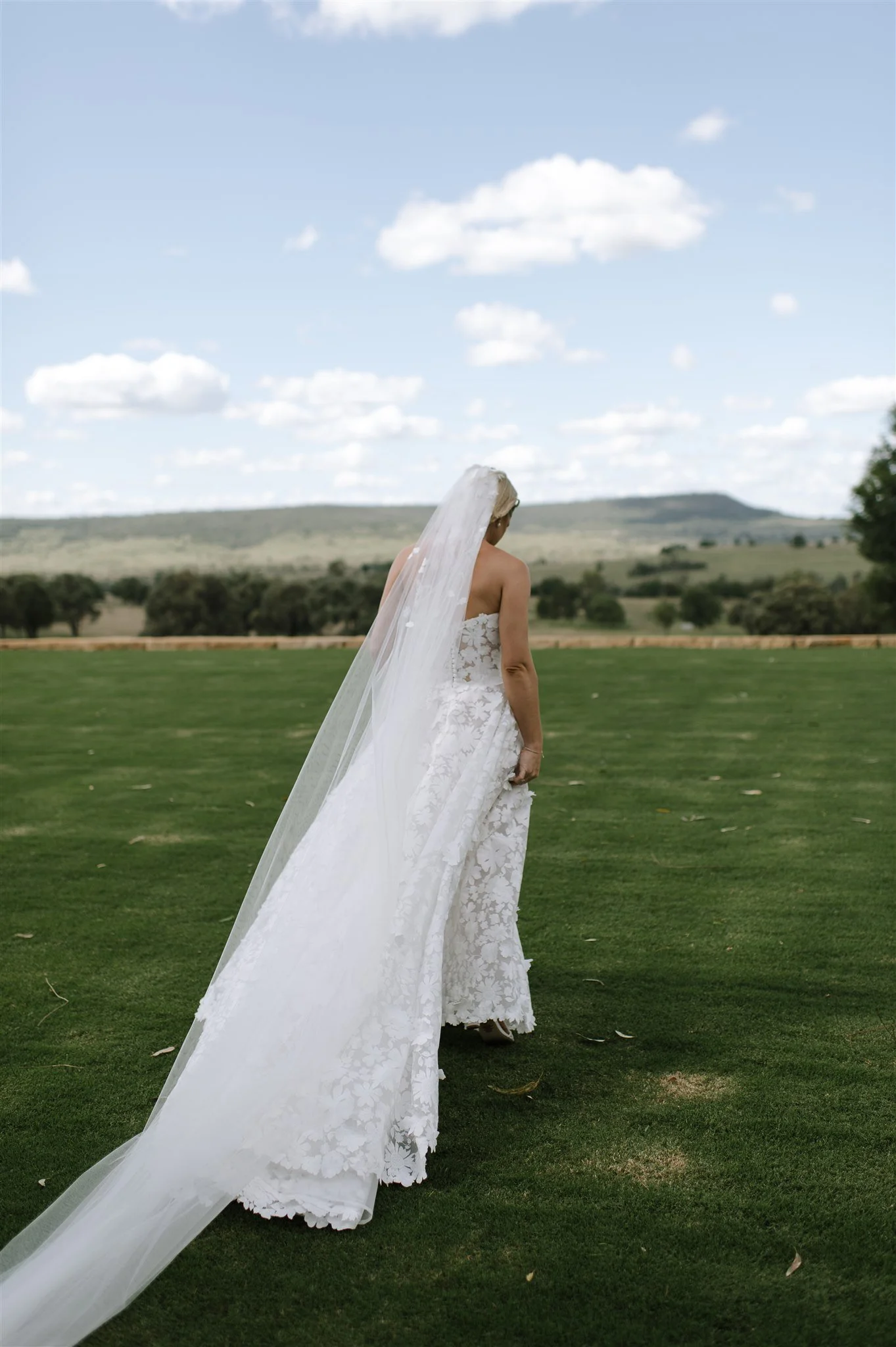 A bride in a white wedding gown with a long veil standing on a grassy field, looking away towards the distant hills and sky with clouds.