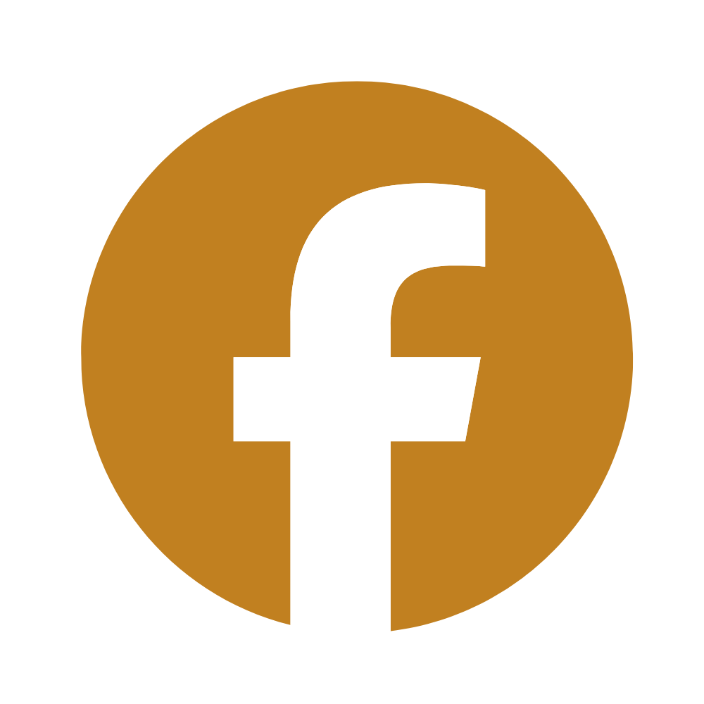 Facebook logo with a white letter 'f' on a brown circular background.