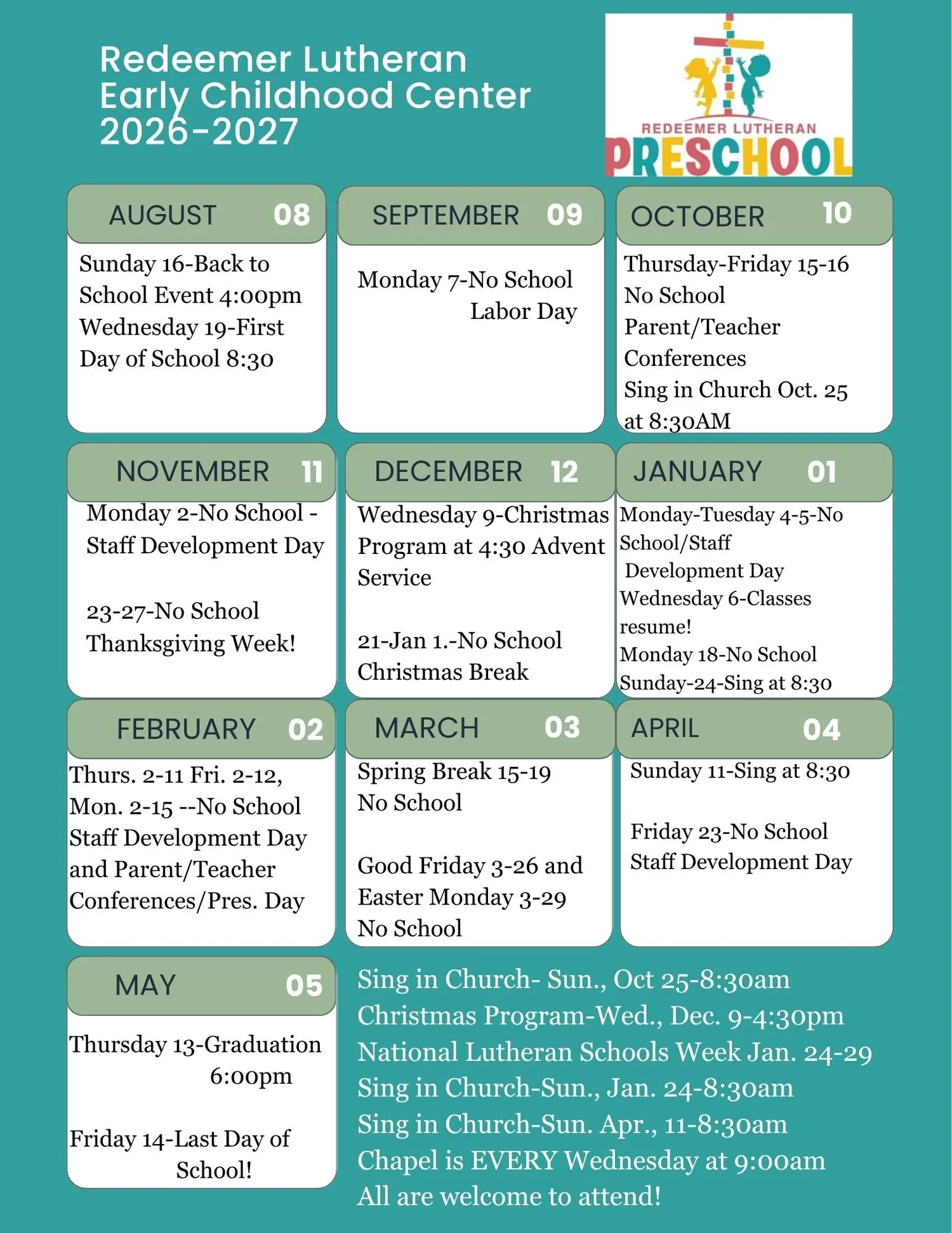 SCHOOL CALENDAR Redeemer Lutheran Church in Olathe, KS