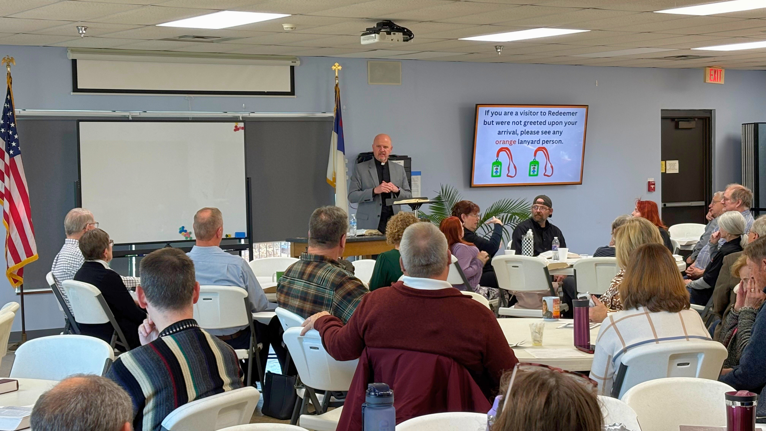 Pastor Kahle leading an adult Bible study at Redeemer Lutheran Church, guiding participants in Scripture discussion and spiritual growth.