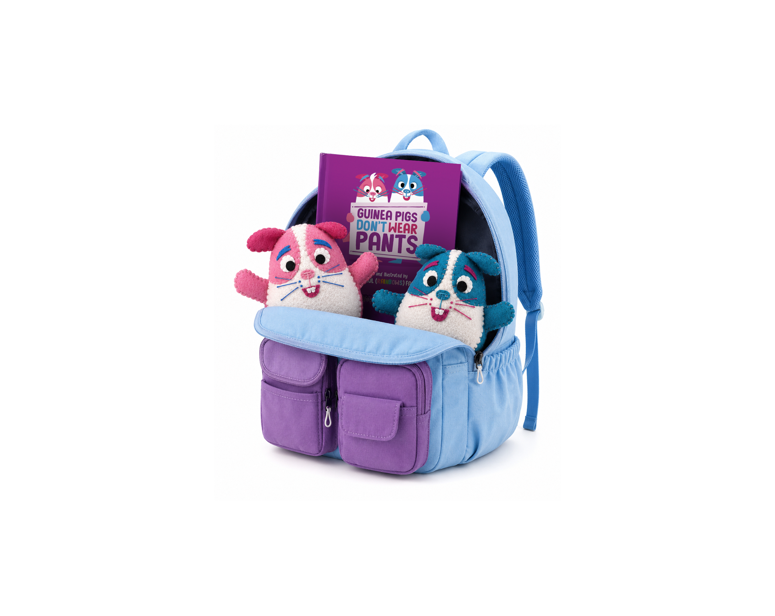 A purple and blue backpack with plush Guinea Pig toys and a book titled "Guinea Pigs Don't Wear Pants" inside.