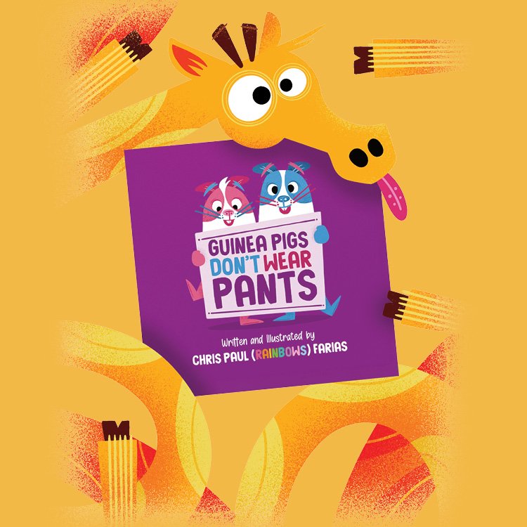 A cartoon giraffe holding a purple sign that says "Guinea Pigs Don't Wear Pants." The giraffe has big eyes, a long neck,.