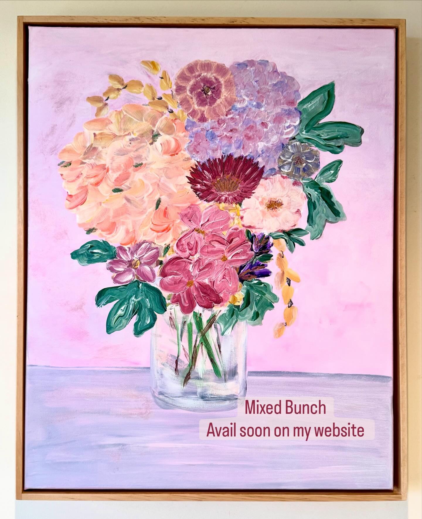 I enjoyed creating this, flowers always make me smile. 
A Mixed Bunch, acrylic on canvas, framed in pine and ready to hang.