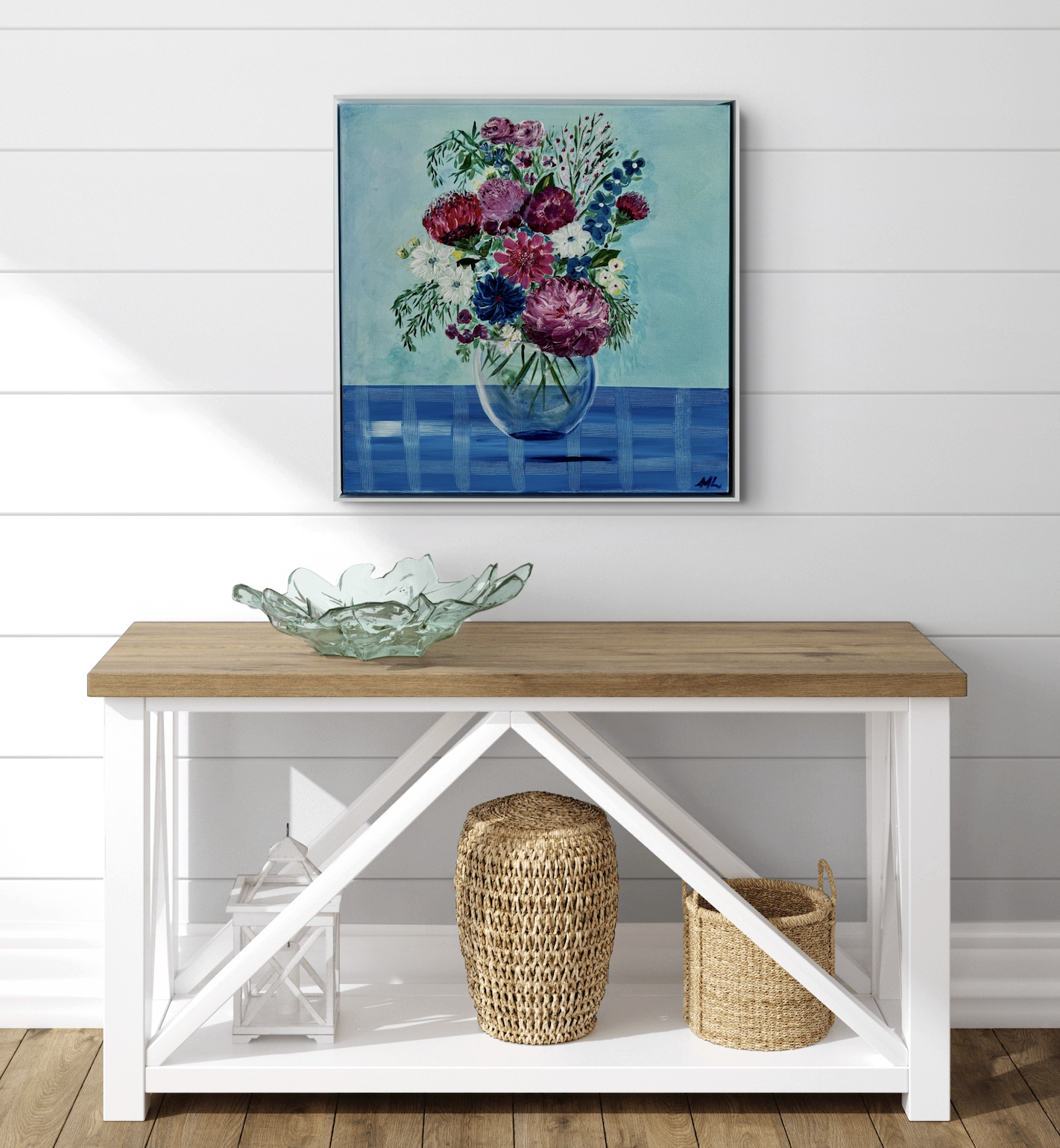 Blue table blooms Margaret Lukas.png