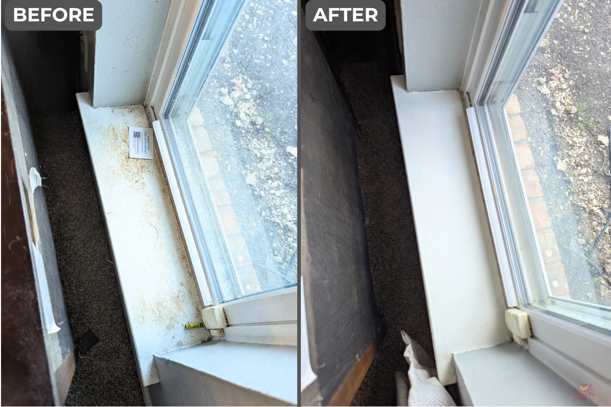 Comparison of a window ledge before and after cleaning. The 'before' side shows dirt, grime, and a dirty windowsill. The 'after' side shows a clean, white windowsill with no dirt.