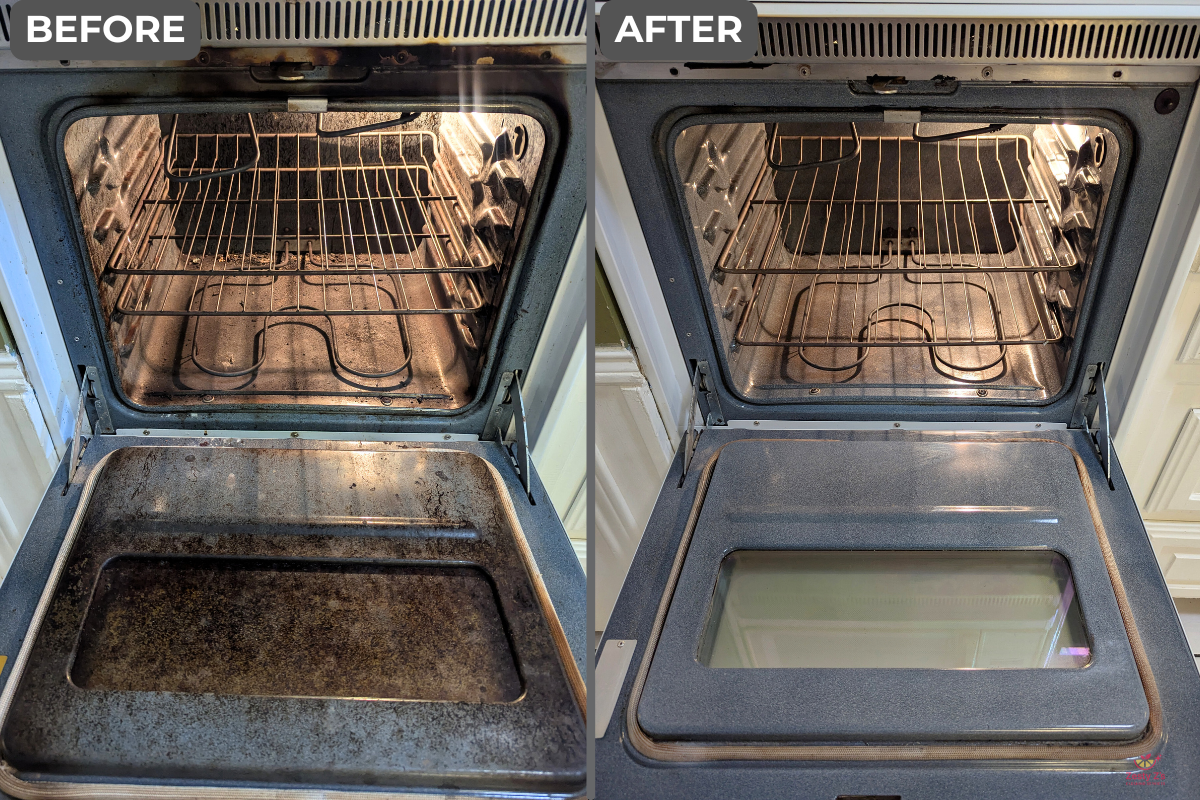 Comparison of an oven's interior before and after cleaning. The "before" side shows a dirty oven with grime and buildup on the oven walls, racks, and the bottom baking tray. The "after" side shows a clean oven with shiny, grime-free surfaces, and a c