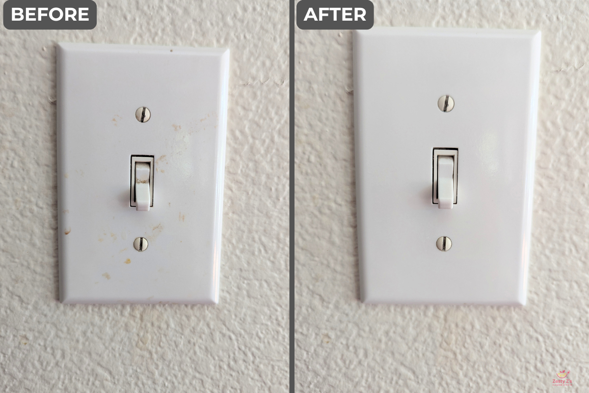 Before and after images of a wall switch plate, showing it cleaned from dirt and stains to a clean, white surface.