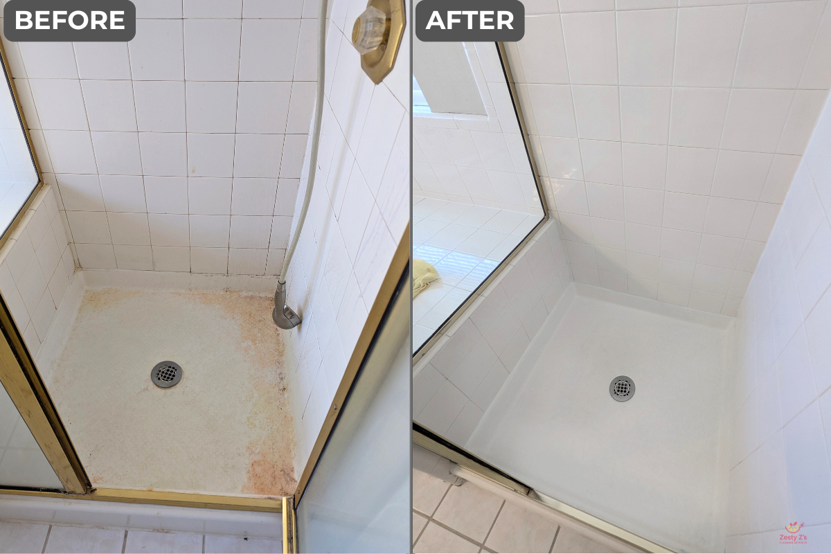Before and after images of a shower stall renovation. The before image shows a shower with dirty, stained floor tiles and a rusted drain. The after image shows a clean, freshly painted white shower with a new drain, removing the stains and rust.